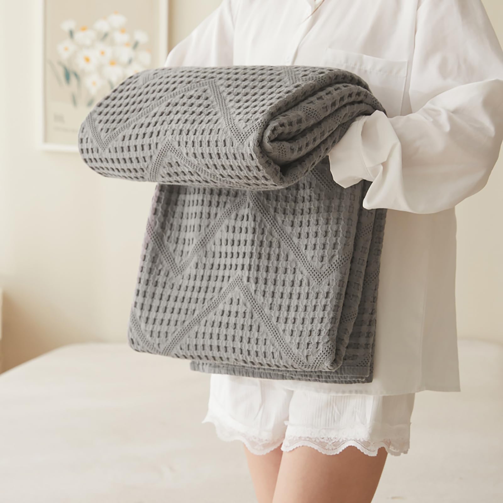 LGYKUMEG Cooling Waffle Weave Blanket - Ultra Soft Waffle Weave Blanket for Couch Bed Sofa All Season.,Dark gray,150x200cm