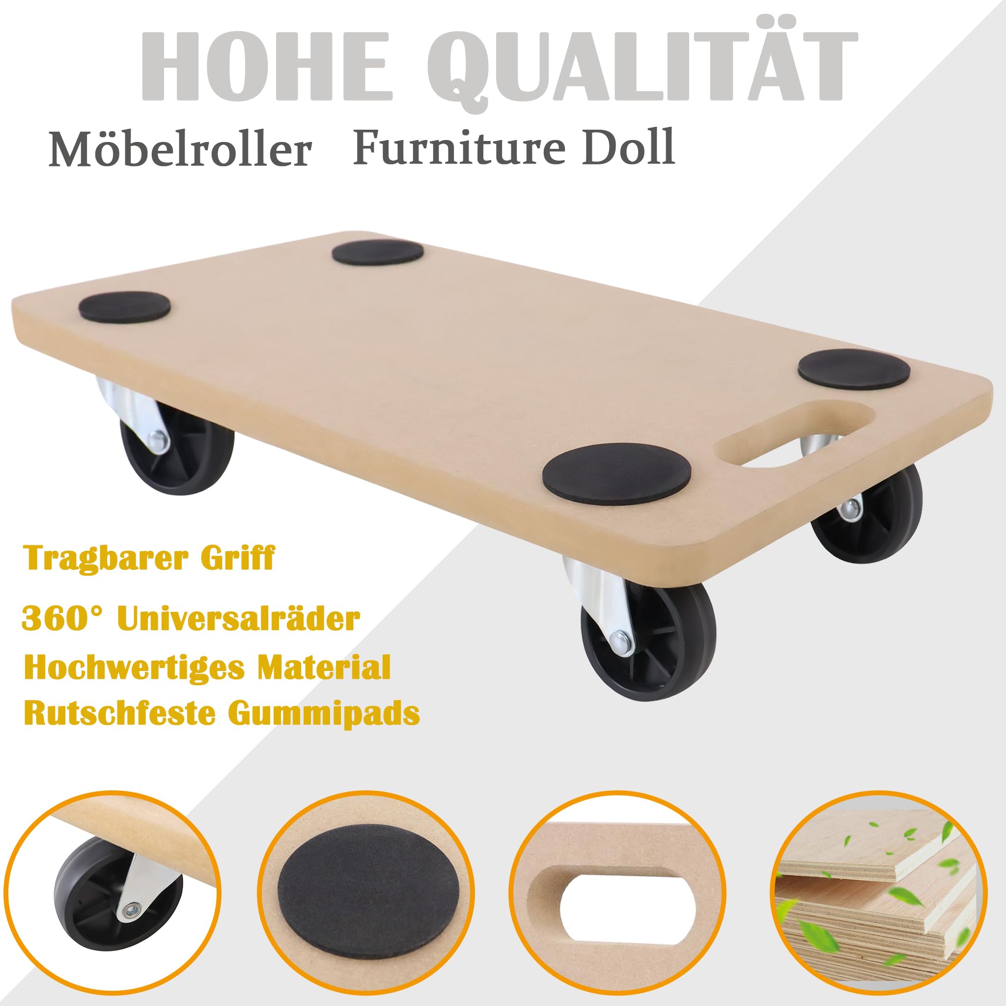 LZQ 4 rotelle per il trasporto di mobili, per interni ed esterni, 58 x 30 cm, portata massima 200 kg, per trasloco, trasporto di mobili (4 pezzi)