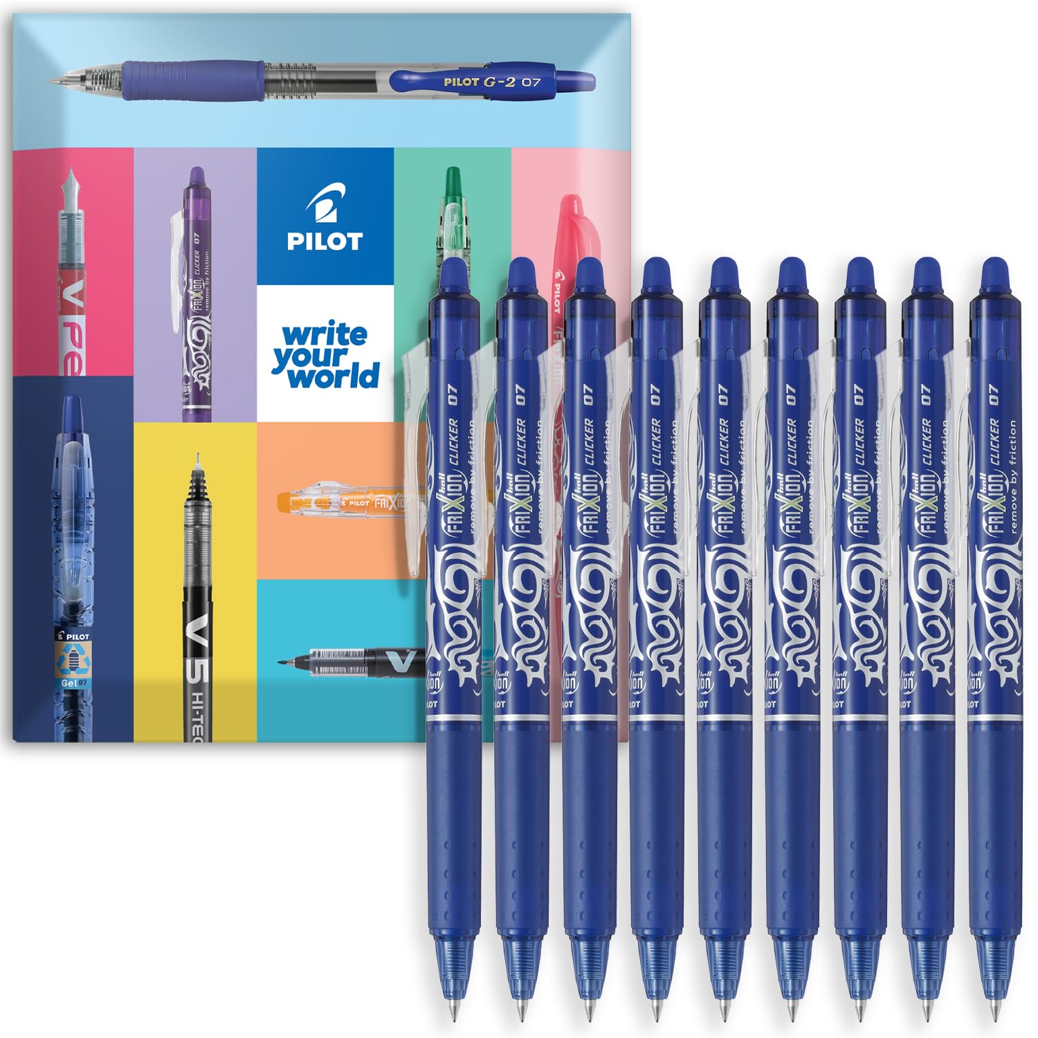 Pilot FriXion Clicker - Penna a sfera cancellabile a frizione, punta retrattile, pennino 0,7 mm, spessore tratto 0,35 mm, confezione da 9, inchiostro blu