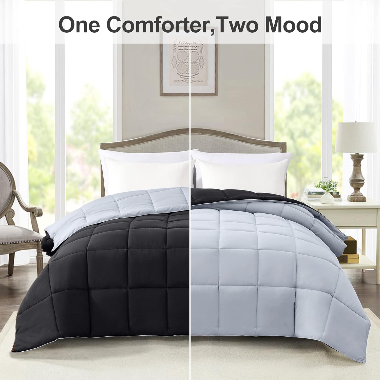 homelike moment california king comforter - black duvet insert down alternative bed comforter, lightweight bedding comforters cal king size quilted soft all season reversible black/light grey black/light grey california king