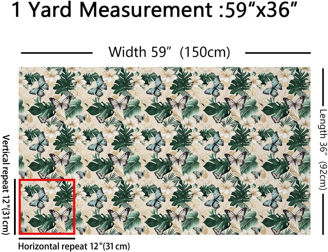 Green Palm Leaves Fabric by The Yard Watercolor Wild Butterfly Fabrics for Sewing Supplies Natural Flowers Jungle Plants Fabric for Room Decor and DIY Upholstery 3 Yards,108" L x 59" W