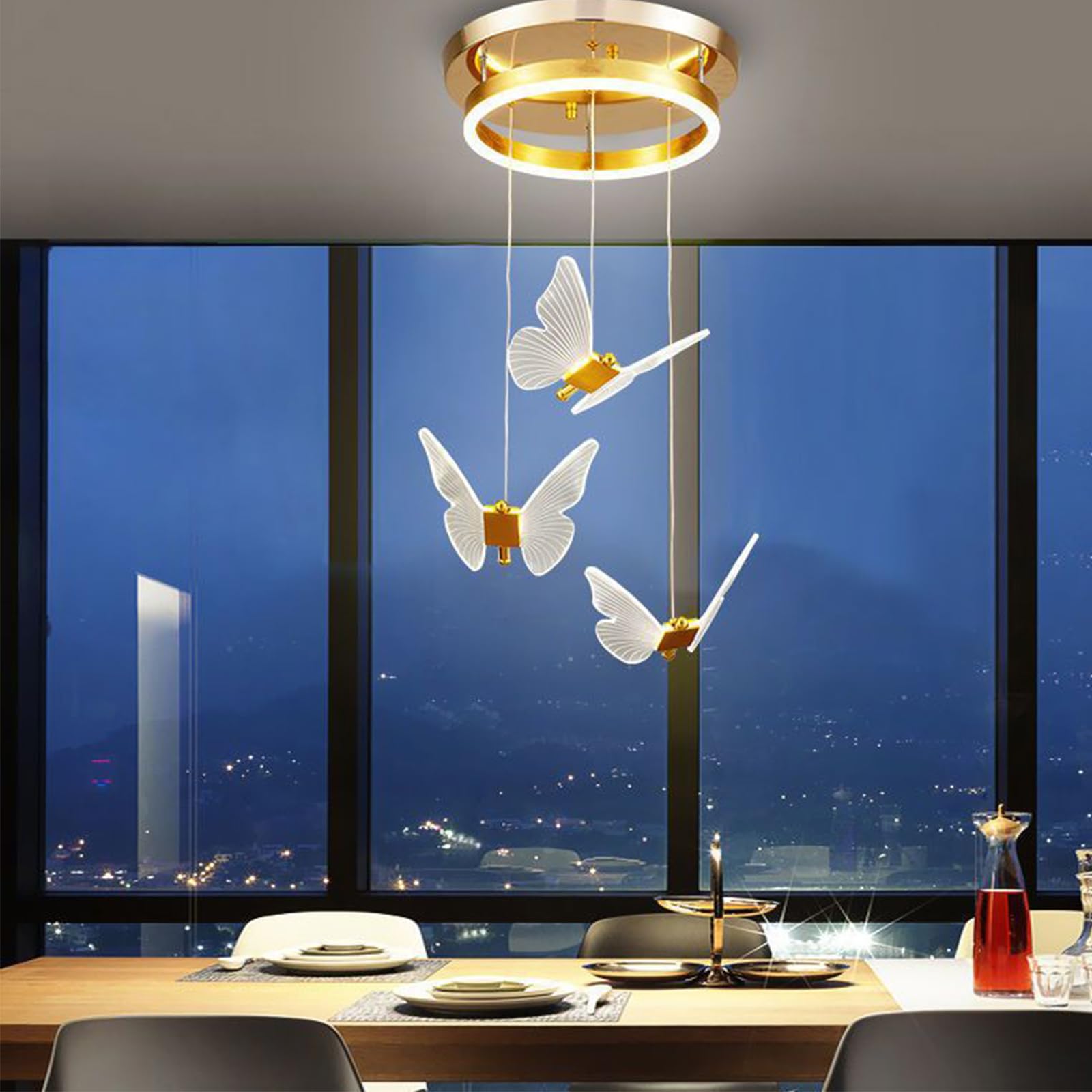 KXEcoLife Light Luxury Staircase Long Chandelier Nordic Butterfly Rotating Villa Loft Duplex Apartment High Rise Lobby Chandelier,3 Heads