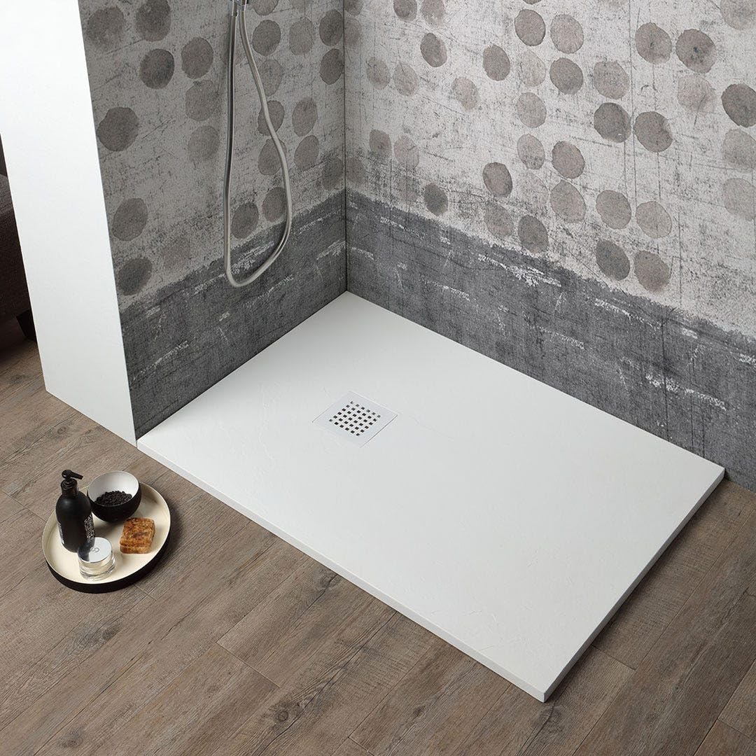 Kiamami Valentina - Piatto Doccia 70x100 Rettangolare Antiscivolo Riducibile in Resina Effetto Pietra Bianco, Solo 2,5 cm di Spessore, Copripiletta Acciaio Incluso