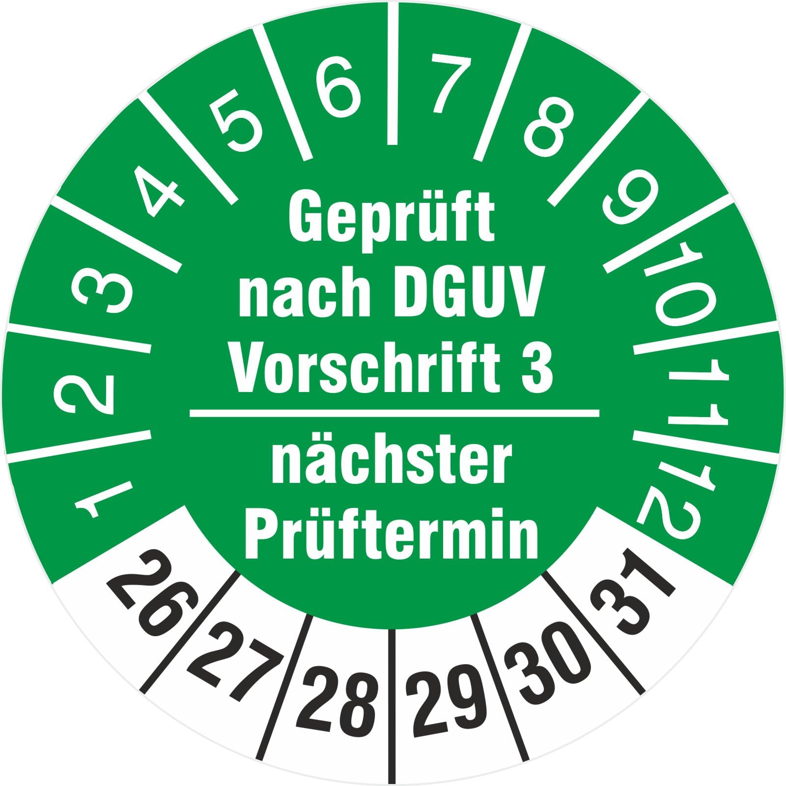 500 Stück nächster Prüftermin geprüft nach DGUV Vorschrift 3 Prüfetiketten Prüfplaketten 18 mm rund 2026-31