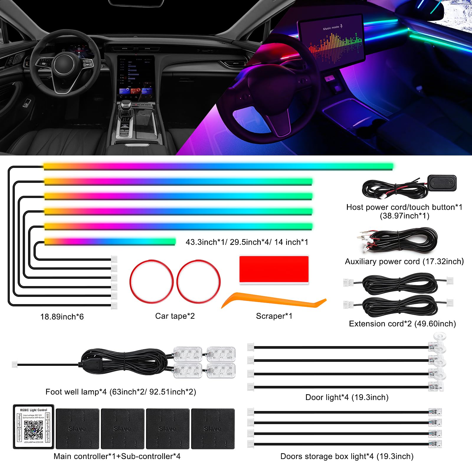 Dream+Color Acrylic Interior Car LED Strip Light with Wireless APP, RGB 18 in 1 with 175 inches 612 LEDs Fiber Optic Strip Lights for Car, Dual Zone Music Sync Neon Car Ambient Lighting Kits