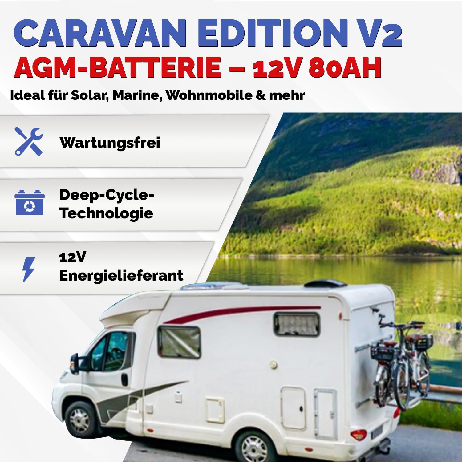 Electronicx AGM Caravan Edition Versorgungsbatterie 12V 80Ah / 80 Ah Deep Cycle Batterie wartungsfrei versiegelt Pluspol rechts – Wohnmobil Wohnwagen Solar Freizeitbatterie 242×175×190mm zyklenfest