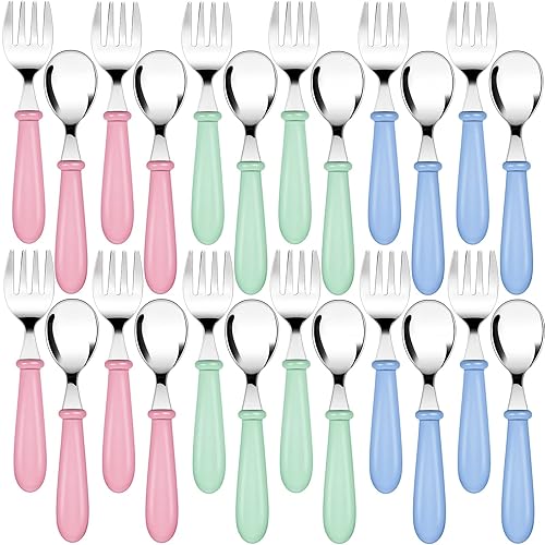Honeydak Juego de 24 cubiertos para niños pequeños, cucharas y tenedores con mango redondo, de acero inoxidable, cucharas y tenedores para comedor
