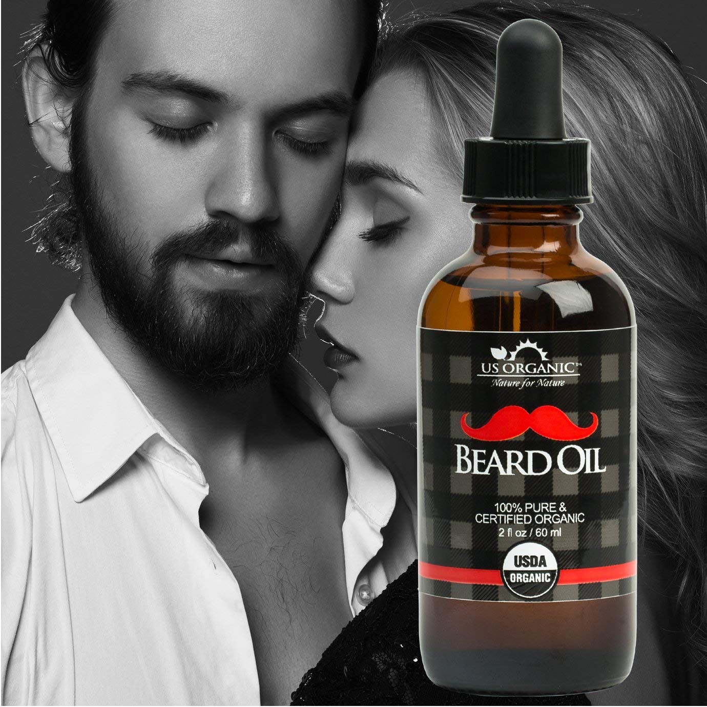 Beard Oil, Big 2oz size - Certified Organic, Premium Grade, Natural Antimicrobial Properties, Made in the USA. Amber Glass Bottle w/ Glass Eye Dropper for Easy Application, Best for Movember by US Organic