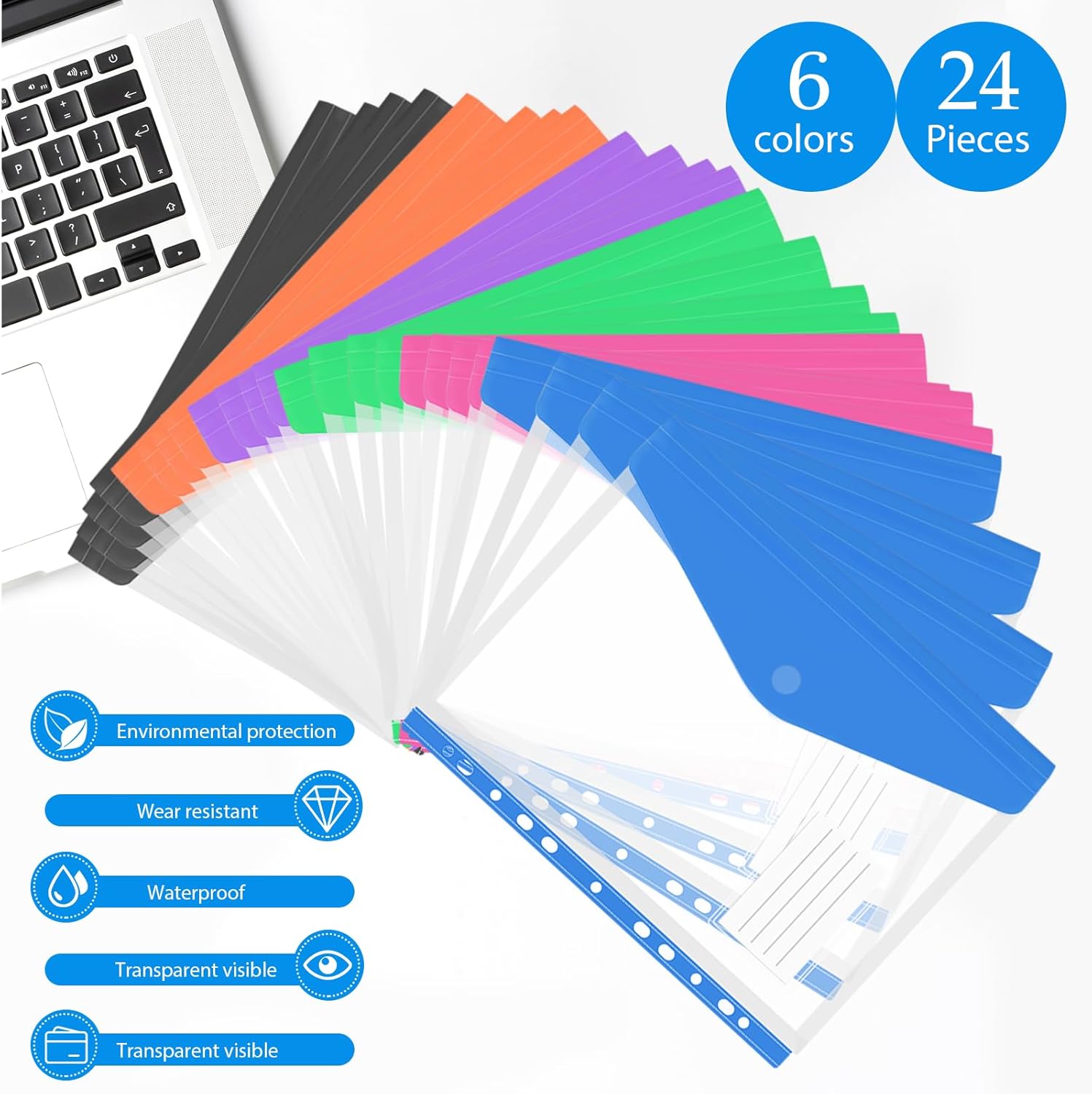 24 Pack Binder Folders with Pockets 11 Holes Expandable Dividers for 2/3/4 Ring Document Pouch with Snap Button & Label Loose-Leaf Transparent Binder Organizer for School Home Office(Side-Opening)