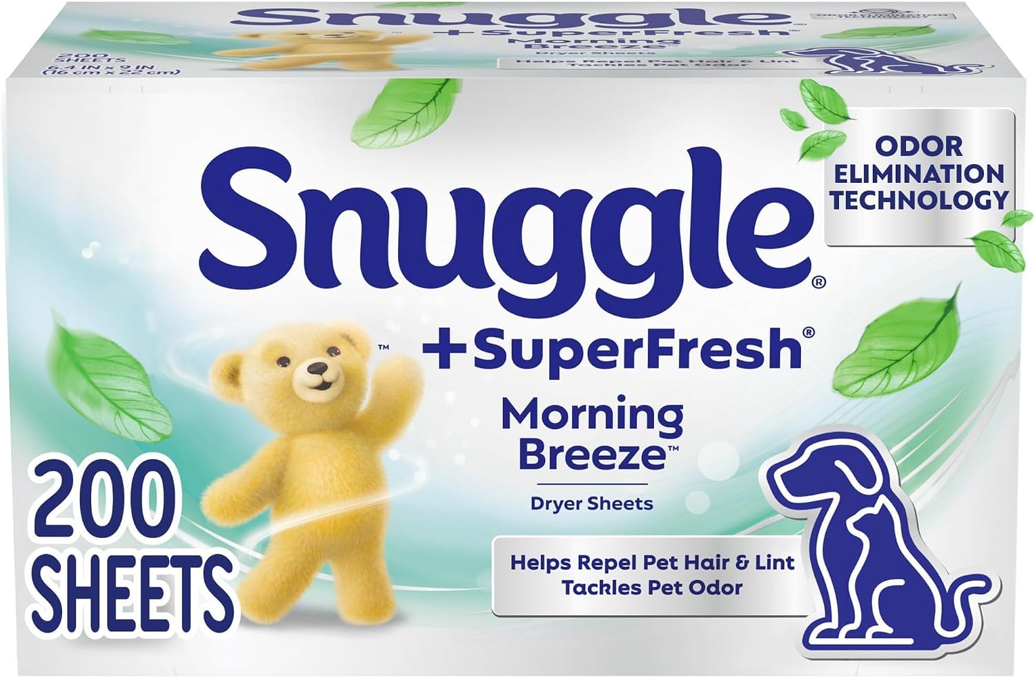 Snuggle SuperFresh Fabric Softener Dryer Sheets, Morning Breeze, Long-Lasting Fresh&Clean Scent, Tackles Pet Odor, Helps Repel Pet Hair, Reduces Static&Fights Wrinkles, HE Safe,200 Count (Pack of 6)