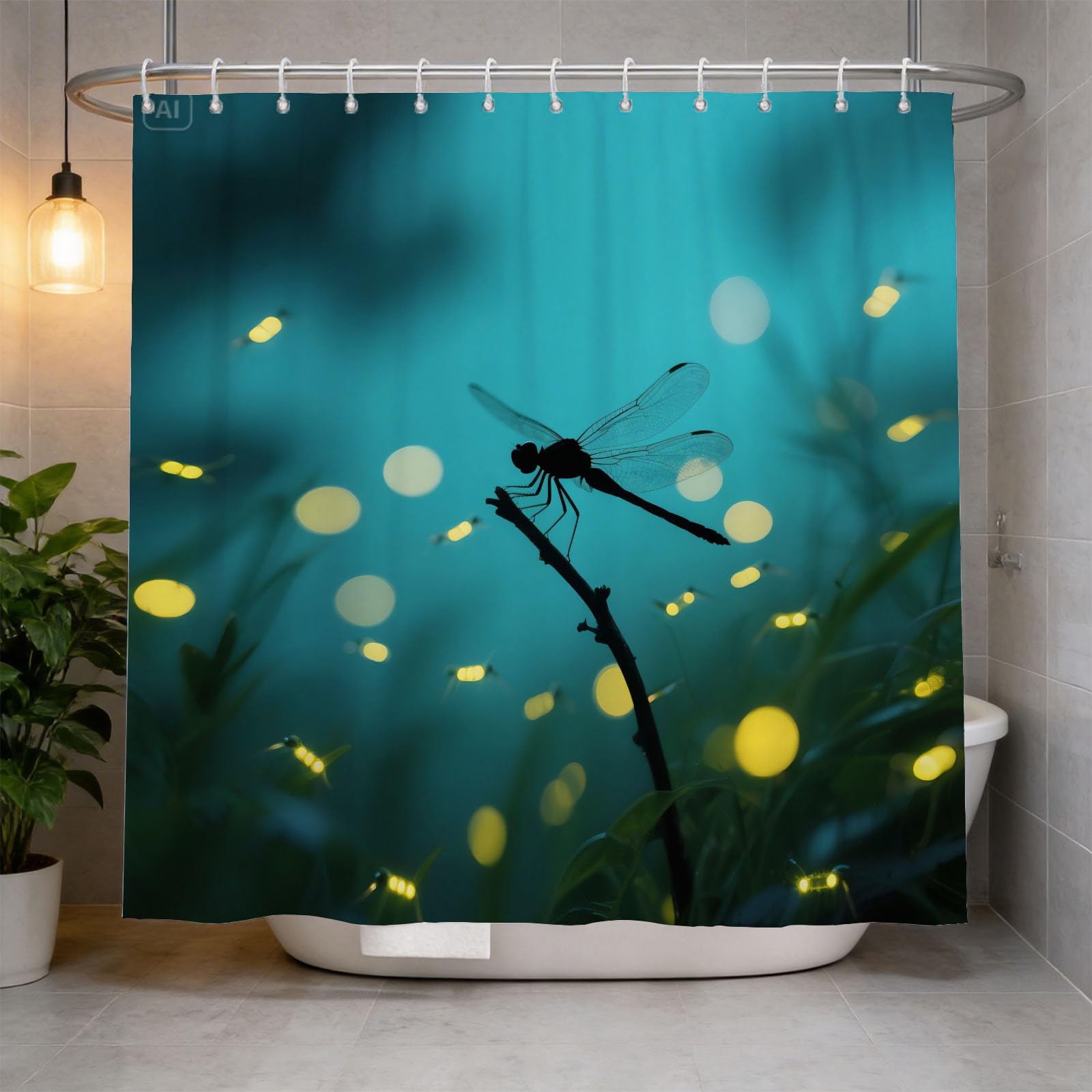 Hongduo White 3D Dragonfly Shower Curtain For Stalls Bathtubs Dreamy Bathroom Decor Shower Curtain Set Polyester Fabric Waterproof 180X180cm/71X71 Inch With Hooks