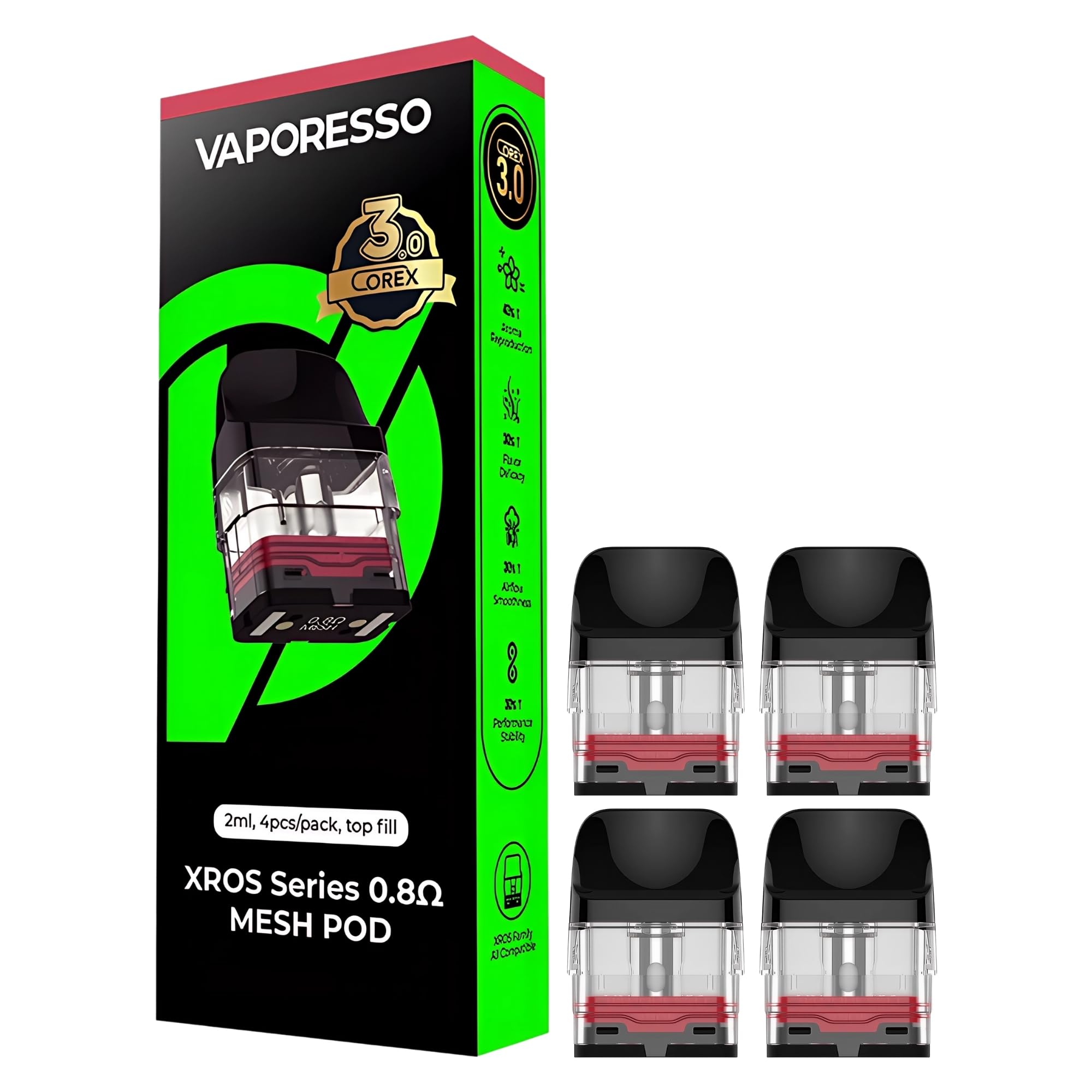 Vaporesso Xros Replacement Pods, 0.8 Ohm, Integrated Coils, Corex 2.0, Compatible with Xros3, Xros3 Mini, Xros4, Xros4 Mini, Xros5, Xros5Mini, Vaporesso Vaping Pods, Refillable, Pack of 4, No Nicotine