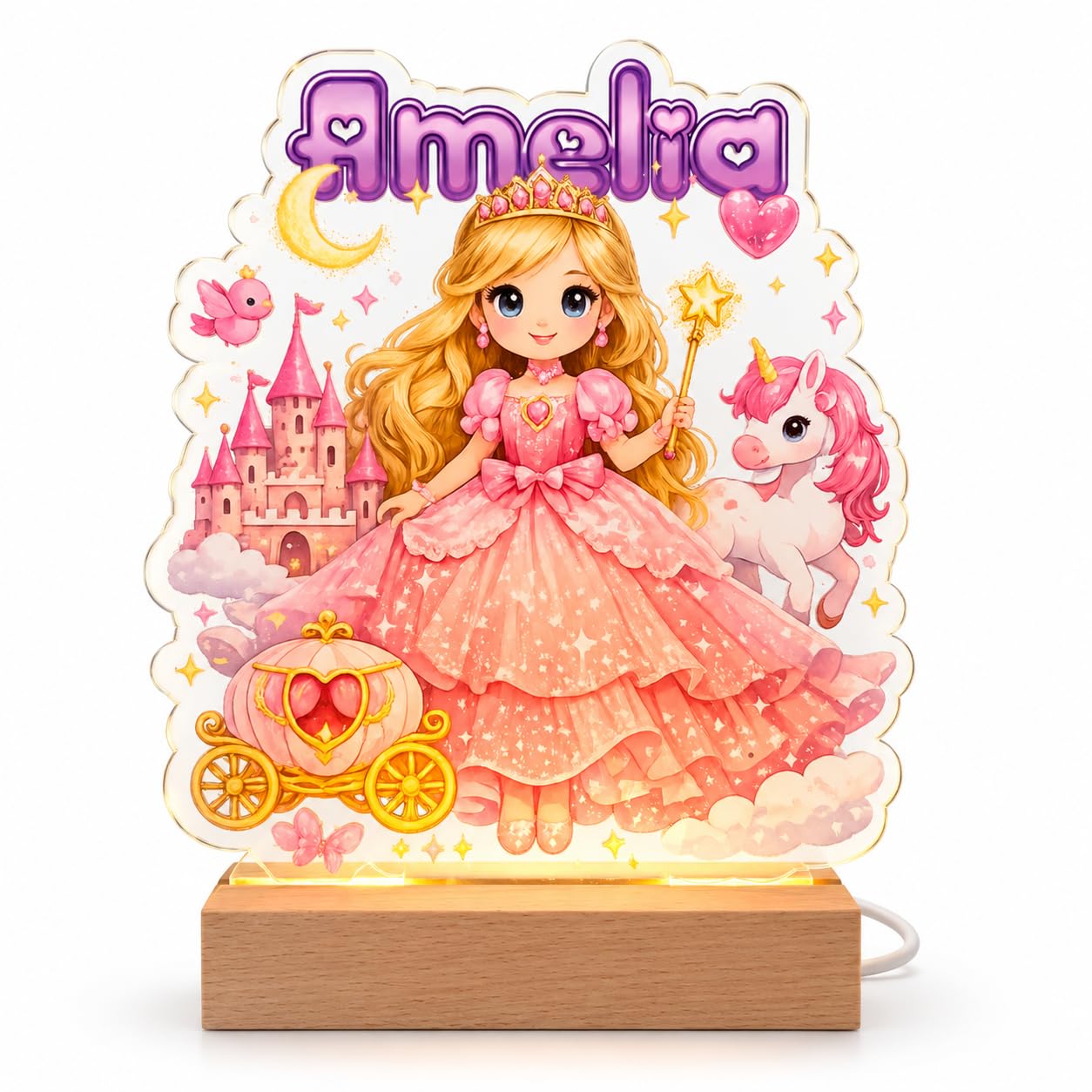 Personalised Princess and Unicorn Night Light with Custom Name, UV Printed Acrylic LED Bedside Lamp for Girls, USB Powered with Wooden Base