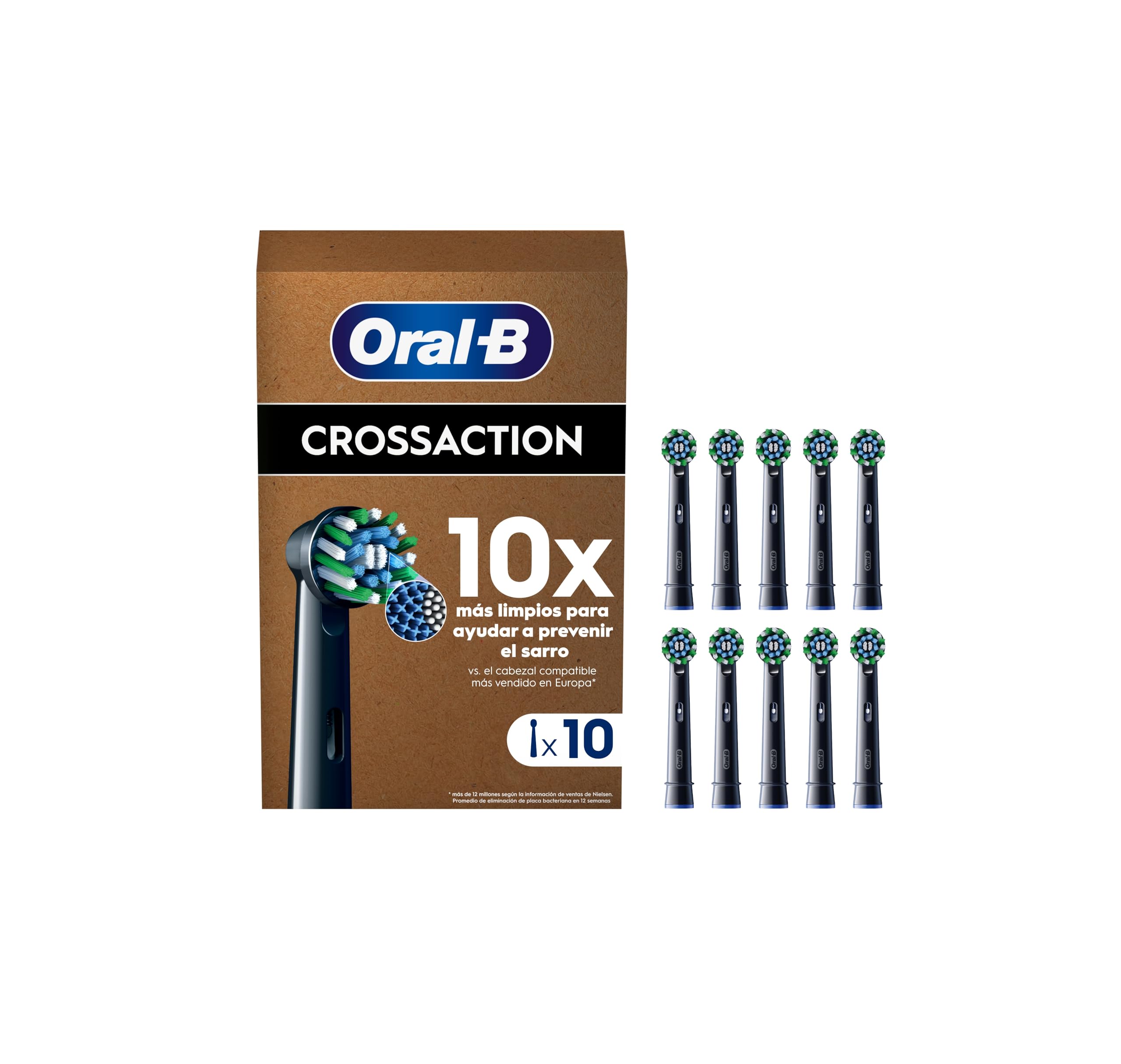Oral-B Pro CrossAction Cabezales De Recambio ORIGINALES para Cepillo de Dientes Eléctrico Oral B Pro, Pack de 10 Recambios Con Indicador De Uso, Negro (Tamaño Buzón) GreenCircle Certified: Certified Environmental Facts Label