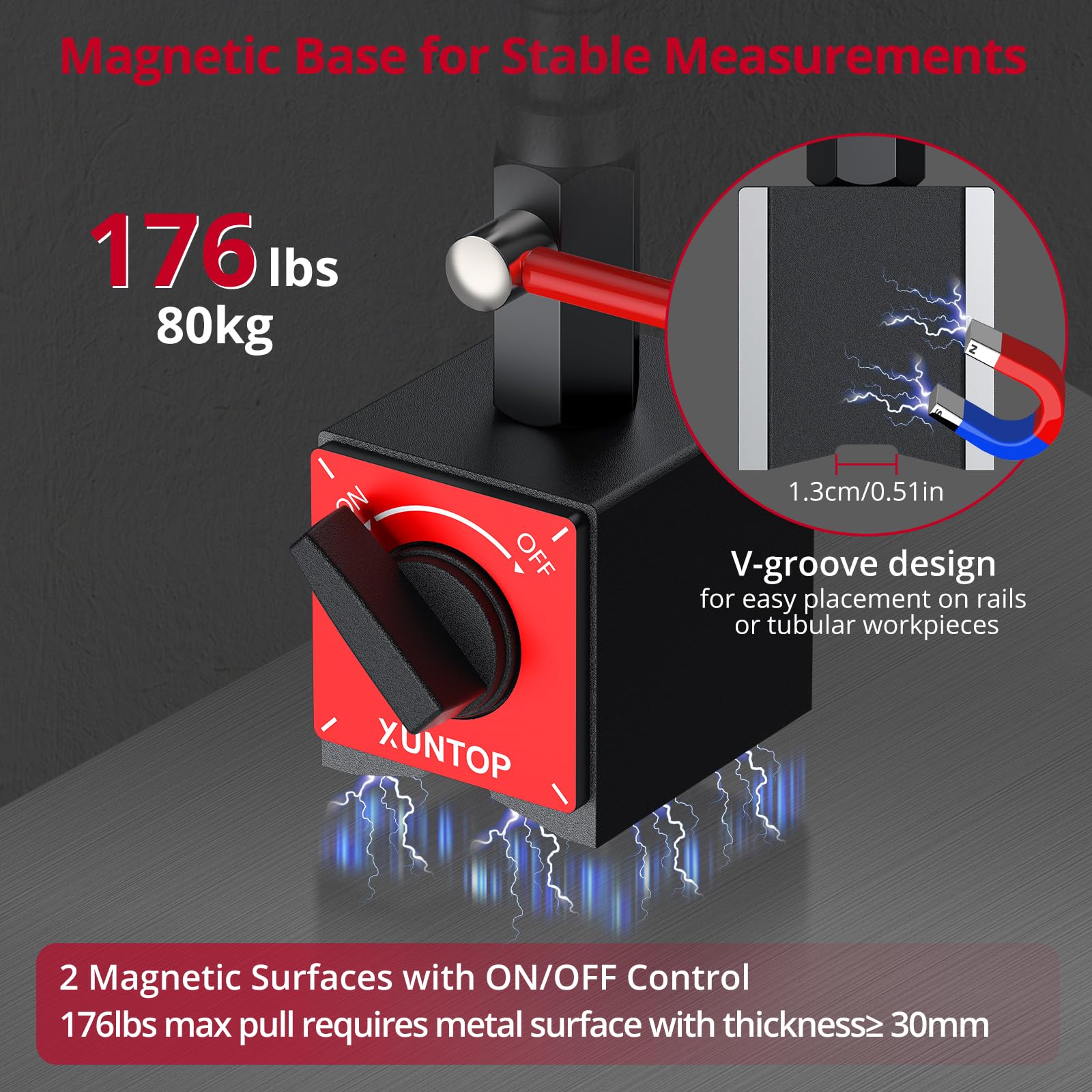 XUNTOP Comparateur magnétique numérique, base magnétique avec bras serpent flexible de 340 mm, comparateur professionnel 0,01 mm/0,0005" portable avec écran LCD pour atelier, tour, fraiseuse