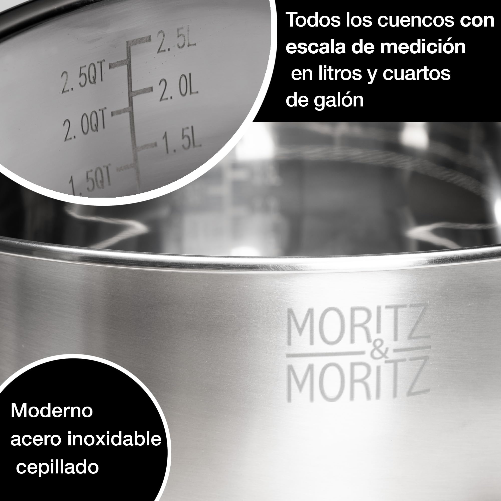 Moritz & Moritz Set de 5 Cuencos Acero Inoxidable con Tapas – Set Cuencos Apilables Antideslizantes para Mezclar, Servir y Hornear, Cuenco Ensalada, Cuencos de Cocina Resistentes para Uso Diario