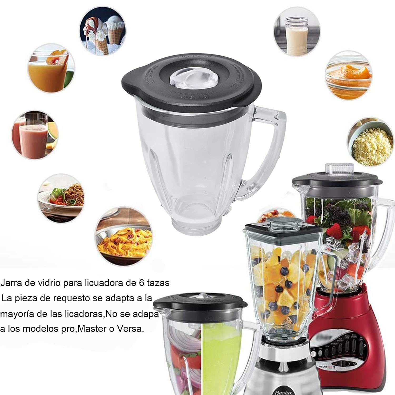 Poweka Repuesto Compatible con Osterr y Osterizerr Licuadora,Jarra de Vidrio Redonda de 6 Tazas 1.5L con Tapa Compatible con Osterr Batidoras (No Incluye Base ni Cuchilla)