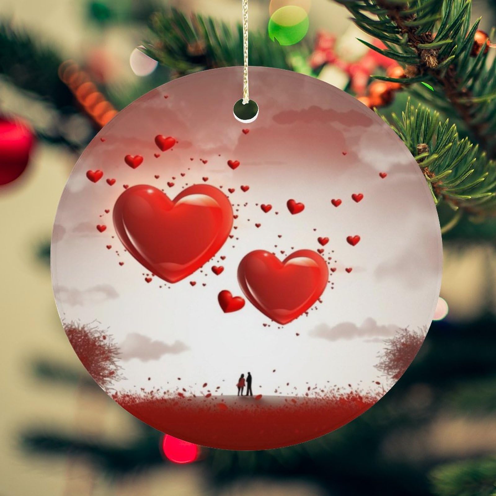 Romantic Love's Christmas Ornament for Christmas Tree Ceramic Round Ornament Winter Holiday Keepsake Gift 2.7" Christmas Tree Hanging Decorations Circle Ceramic Pendant Xmas Gift