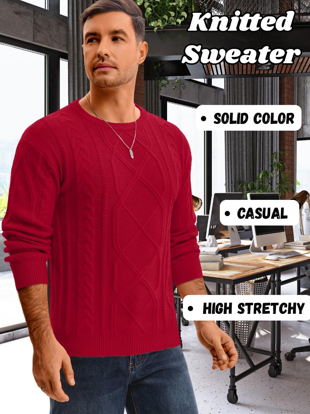 Men Fashion Cable Knit Fisherman Sweater, Crewneck Long Sleeve Solid Pullover Top, Vintage Fall Winter Casual Outfits - Image 5