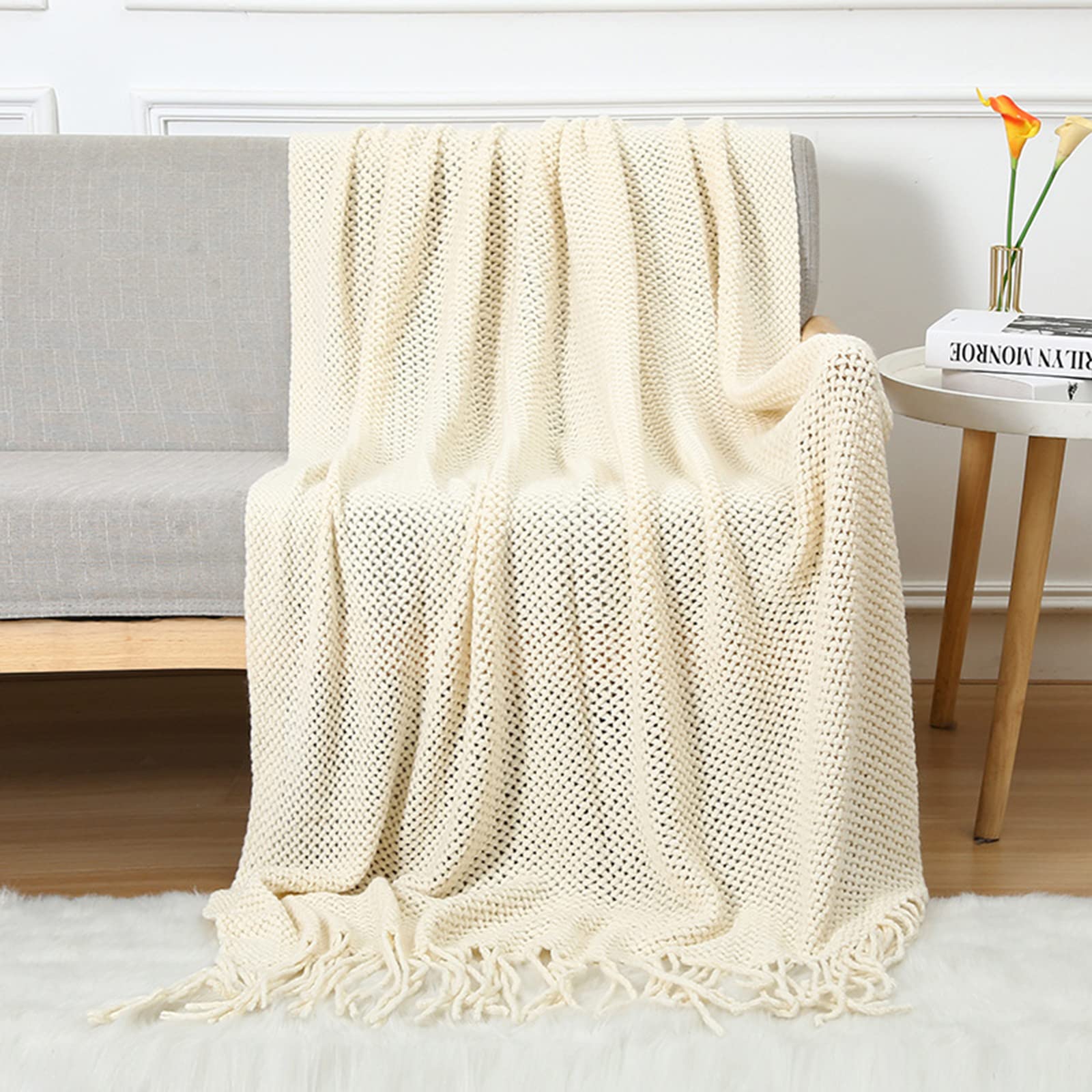Lumisyne Beige Knitted Throw Blanket With Tassel Breathable Cellular Blanket Nordic Style Soft Cozy Couch Cover Decorative Blanket For Sofa Bed Settee Armchair