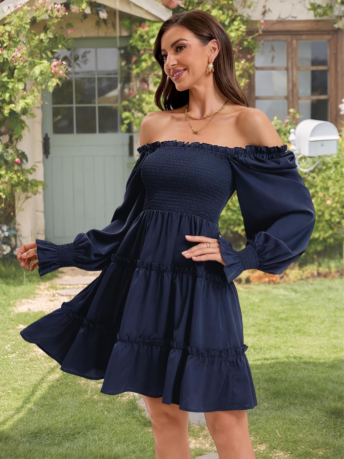 Women's Square Neck Fall Long Sleeve Shirred Smocked Ruffle Hem A Line Flowy Swing Party Mini Dress - Image 3