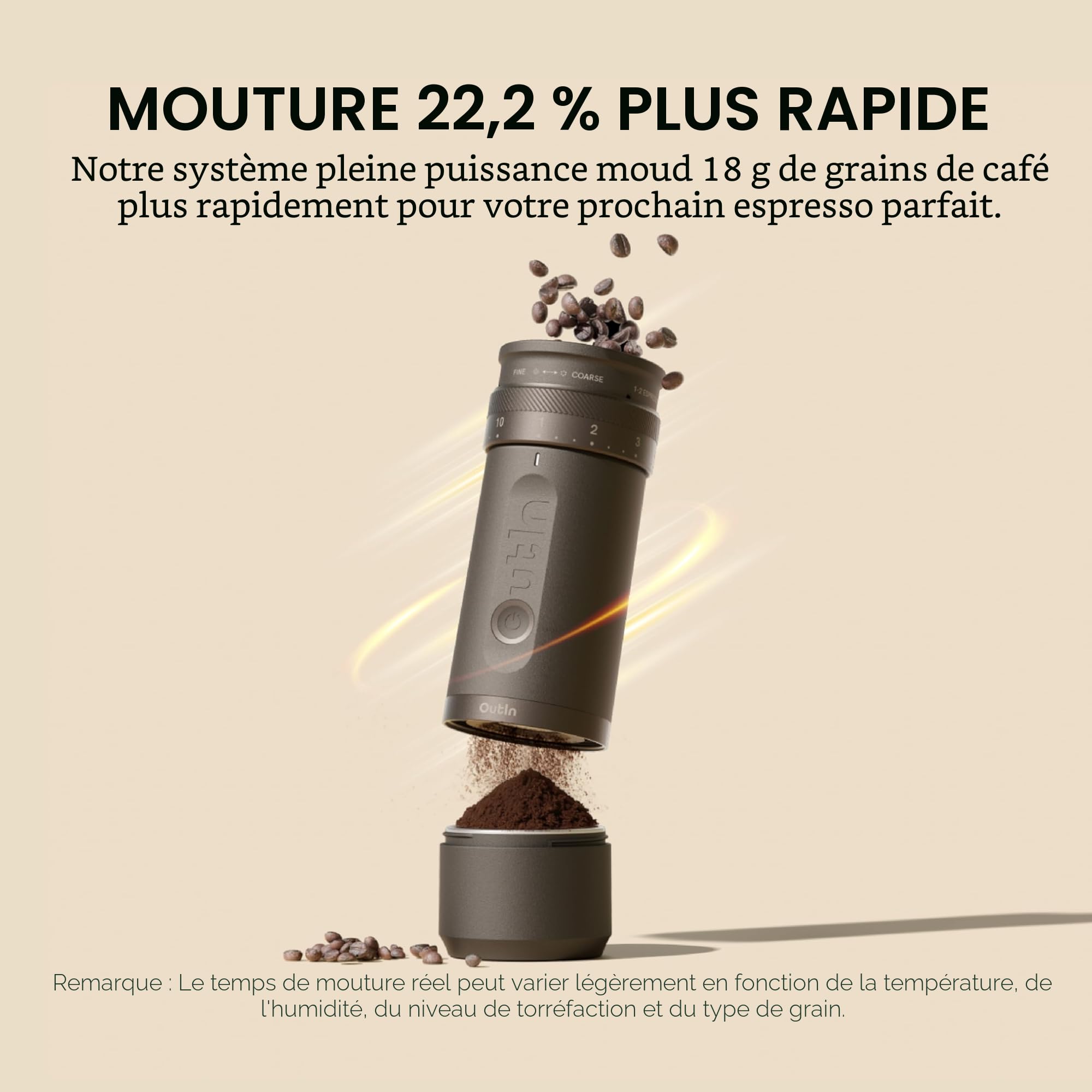 OutIn Fino Moulin à café électrique portable Moulin à cône, 28 niveaux de mouture externes, cône en acier inoxydable à 7 étoiles & bouton de commande unique