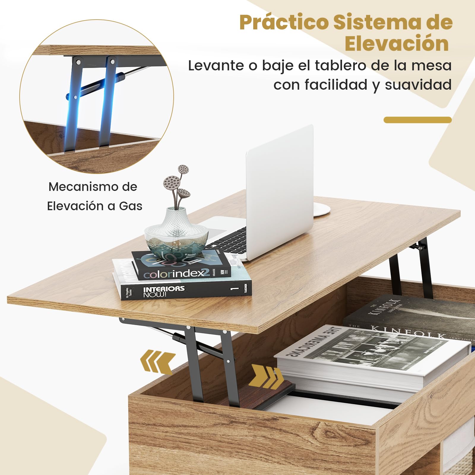 GIANTEX Mesa de Centro con Tablero Elevable y Patas de Metal, Mesa de Café con Compartimento de Almacenamiento Oculto y 3 Cubos Abiertos, Mesita Multifuncional para Salón, Oficina (Natural)