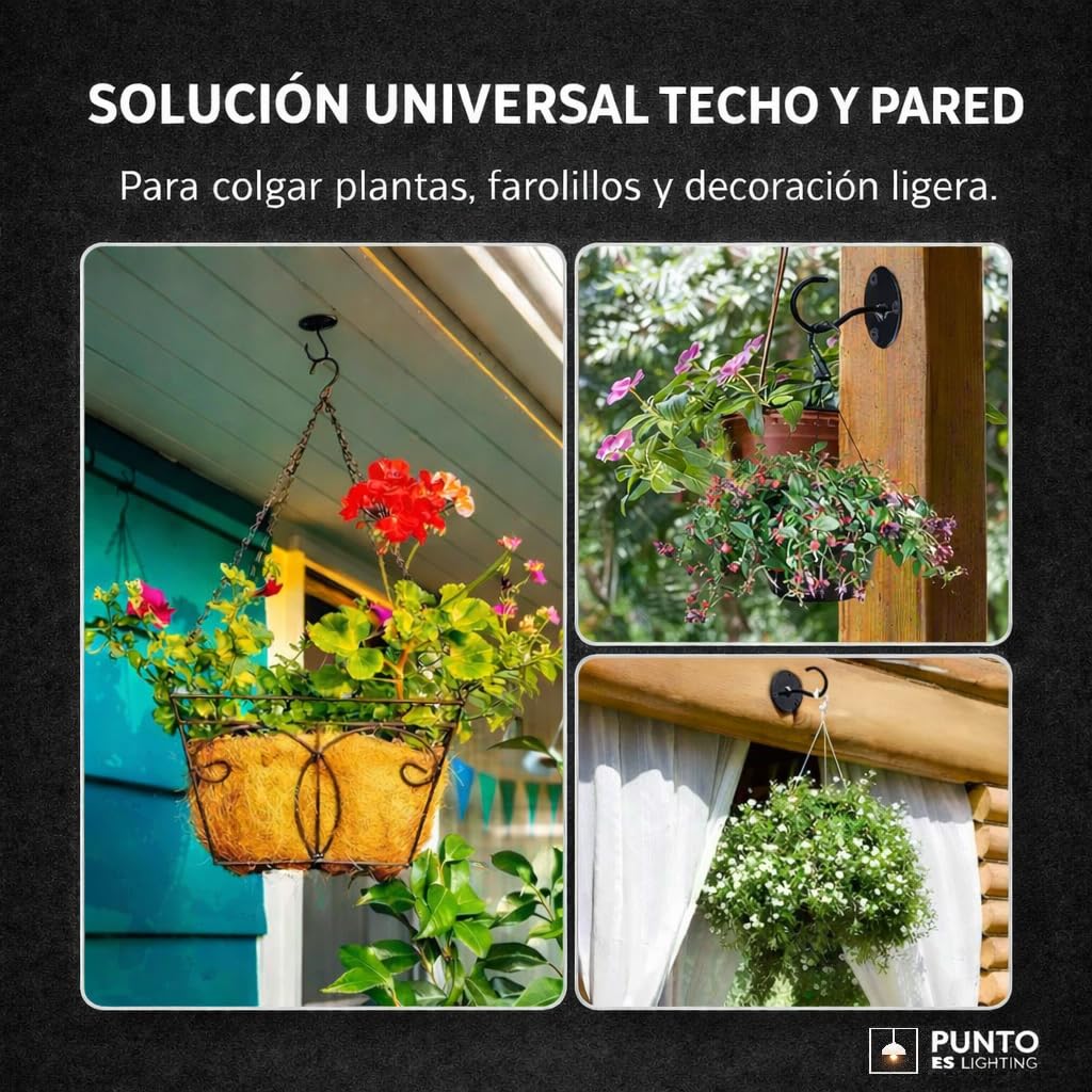 Gancho Techo y Pared Exterior Blanco, Pack 2 Unidades – Soporte para Colgar Plantas, Farolillos y Decoración, Acero Pintado con Tornillos y Tacos Incluidos