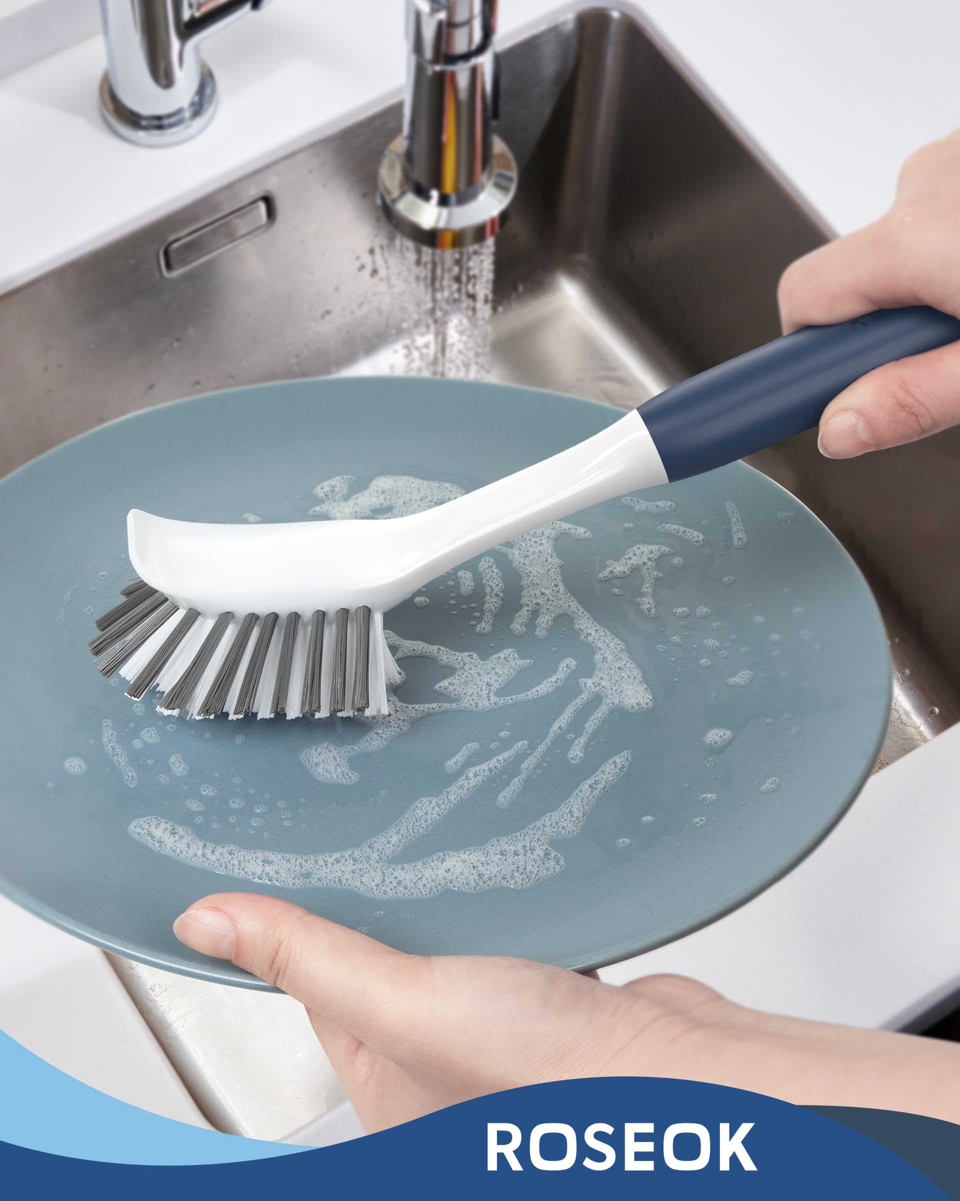 ROSEOK Paquete de 2 cepillos para platos de cocina con raspador para fregar manchas de alimentos, construido para limpiar platos, cocina, olla, fregadero, azul marino