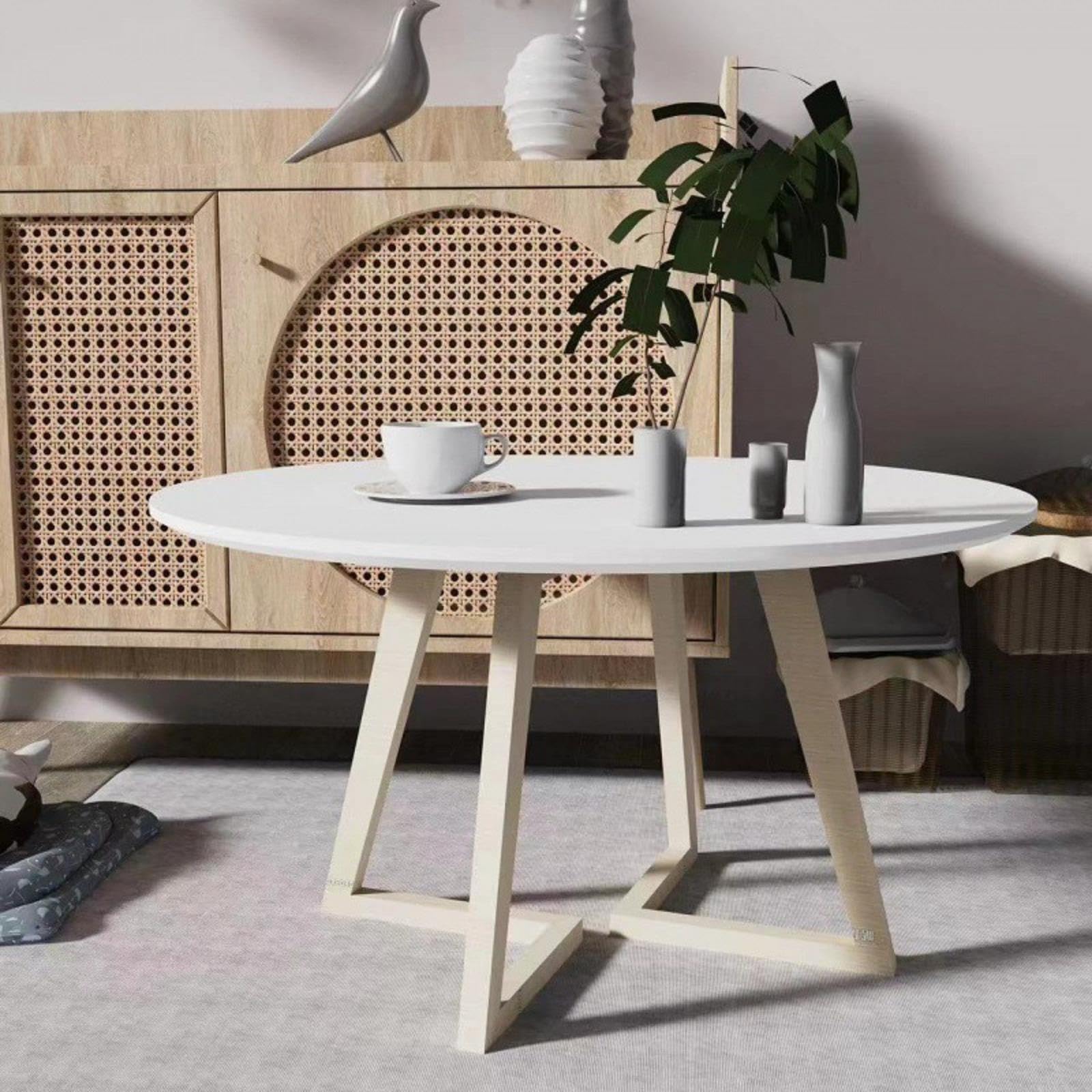 FUYAO Solid Wood Round Coffee Table With Bow-Wood Base Legged Side Table for Small Space Living Room Office - Modern Center Circle Table