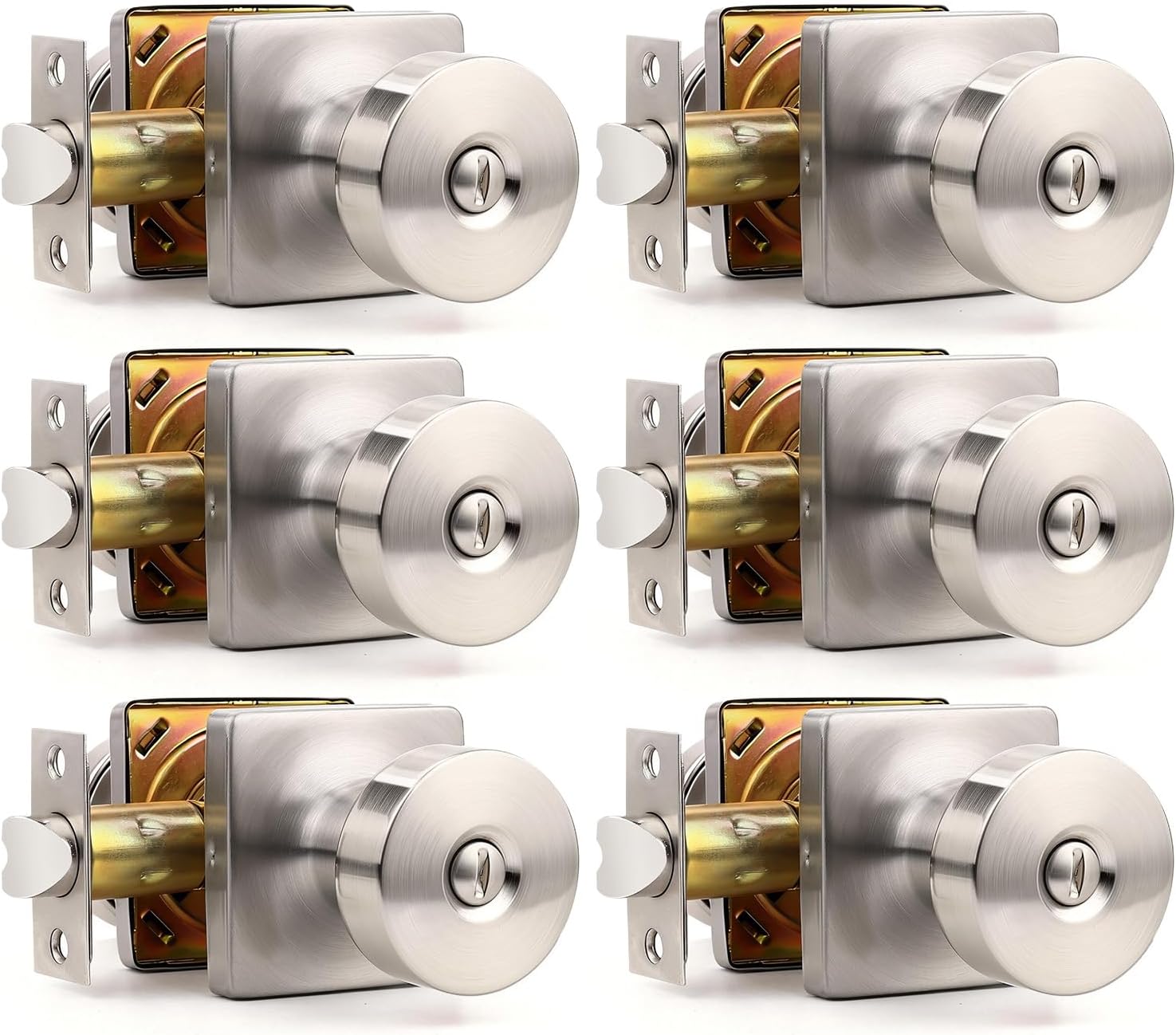 Orger 6 Pack Brushed Nickel Door Knobs Interior, Zinc-Alloy Keyless Silver Door Knob with Lock, Heavy Duty Privacy Square Door Knob for Bathroom and Bedroom