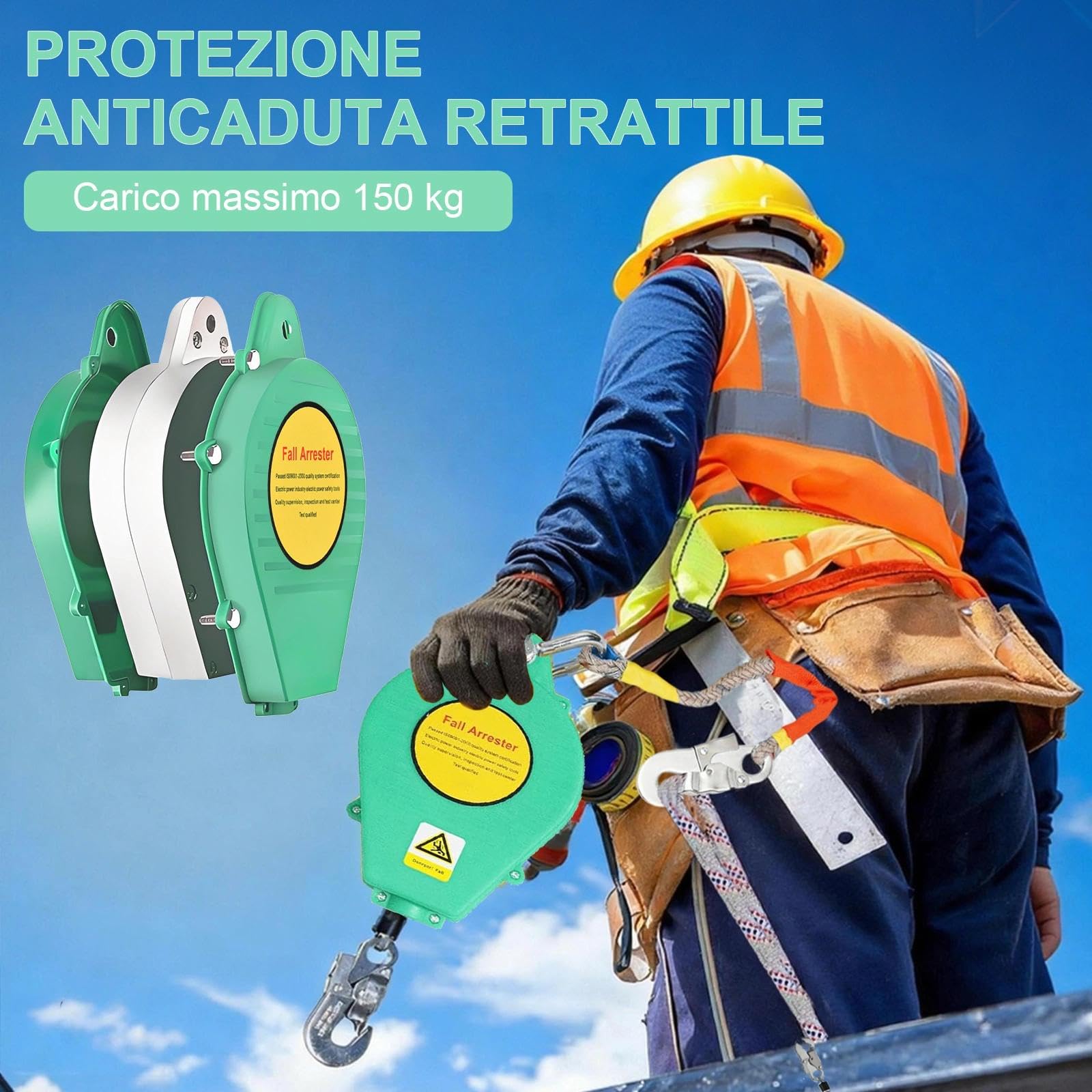 Dispositivo Anticaduta Retrattile 3-20M, Imbracatura di Sicurezza Anticaduta per Lavori in Quota, Funzione di Richiamo Automatico con Gancio Autobloccante per Tetto Edilizia(Verde,10m)