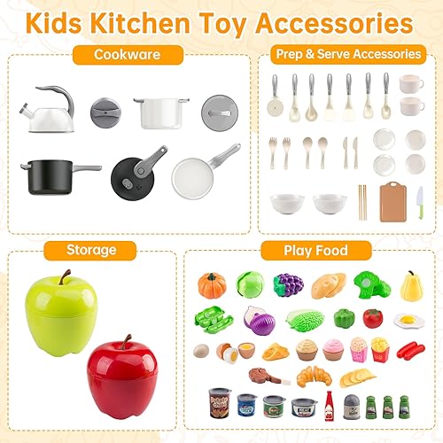 Miniatura 78 de Juego de cocina de 130 piezas, ollas de juego de cocina para niños, sartenes, utensilios de cocina, alimentos diarios, frutas y verduras, cesta