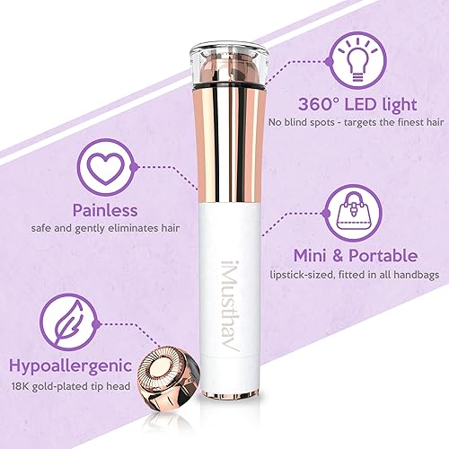 Miniatura 2 de iMusthav Mini removedor de vello facial para mujer, cabeza hipoalergénica chapada en oro de 18 quilates, luz LED de 360 grados. Diseño compacto apto