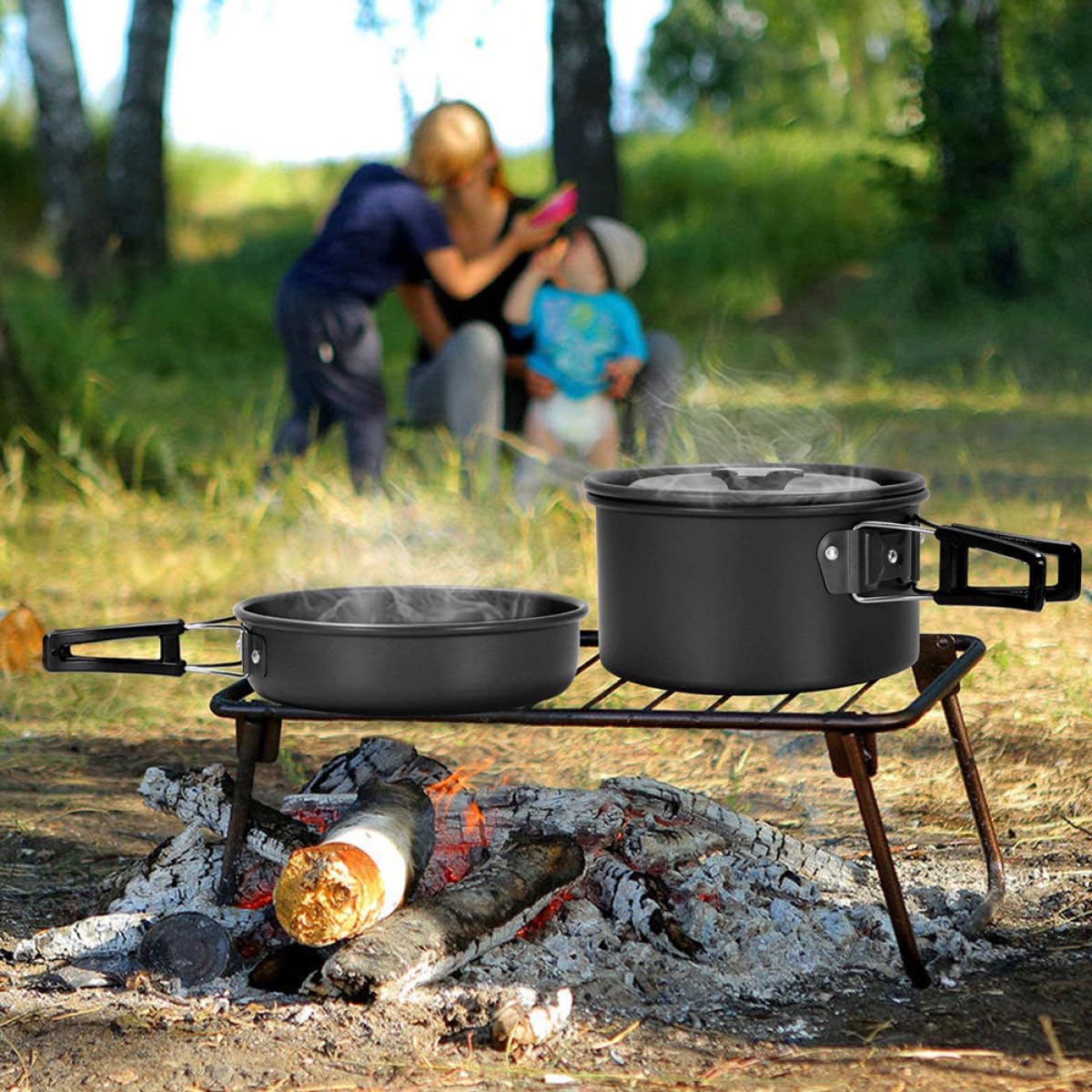 CLISPEED Juego de Utensilios de Cocina para Camping Tetera y Platos, Aleación de Aluminio Negro, Antiadherente y Portátil para Senderismo y Mochileros