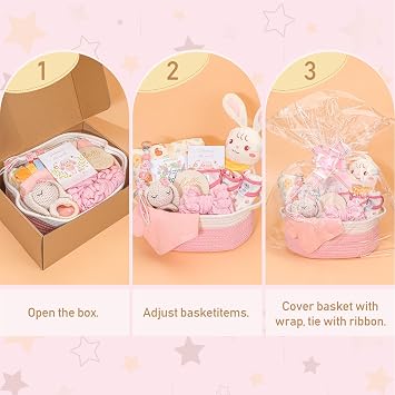 Baby Girl Gifts,Baby Shower Gift Baskets for Girls,Gender Reveal Gifts,Unique Baby Girl Newborn Essentials with Blanket Rattle Toys
