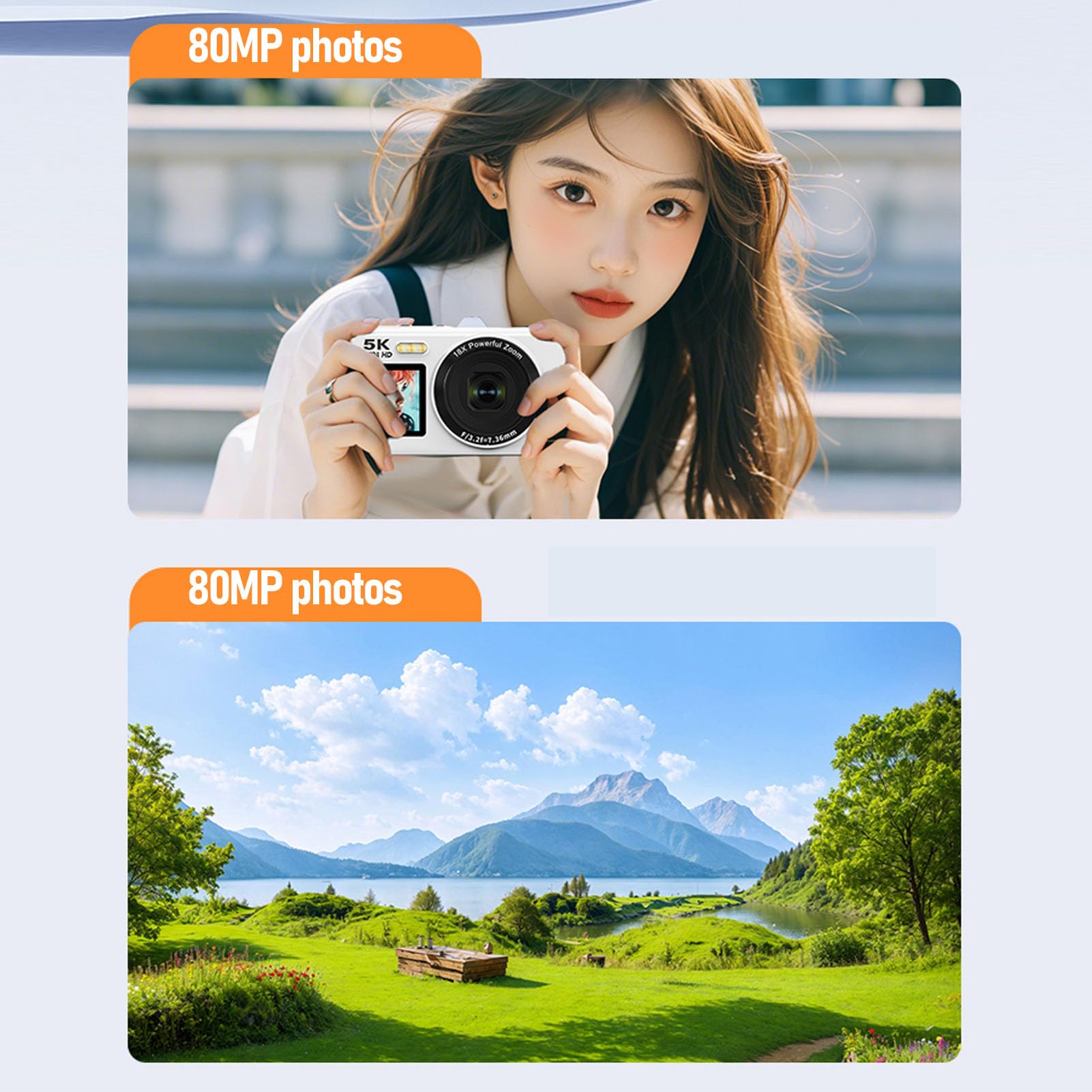 VBESTLIFE Camera Digitale a Doppio Schermo da 5k, Fotocamera Vlog 80MP per Campus, Viaggi, Macchine Fotografiche di Tiro Compatte per Adolescenti e Principianti, Zoom 18x (WHITE)