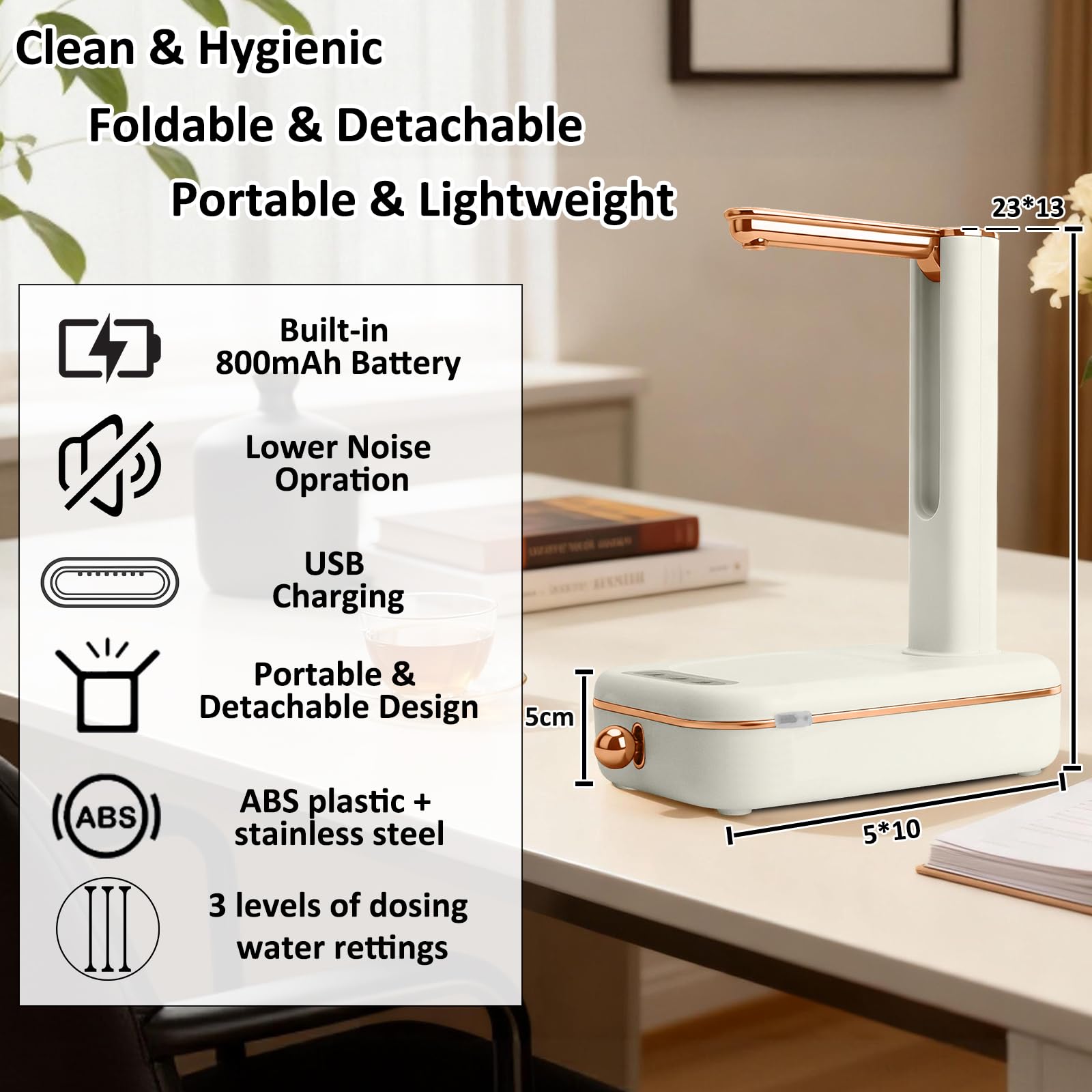 Distributeur d'eau Électrique Rechargeable USB sans BPA Pompe 3 Niveaux Débit Camping Maison Bureau Batterie 800 mAh Blanc