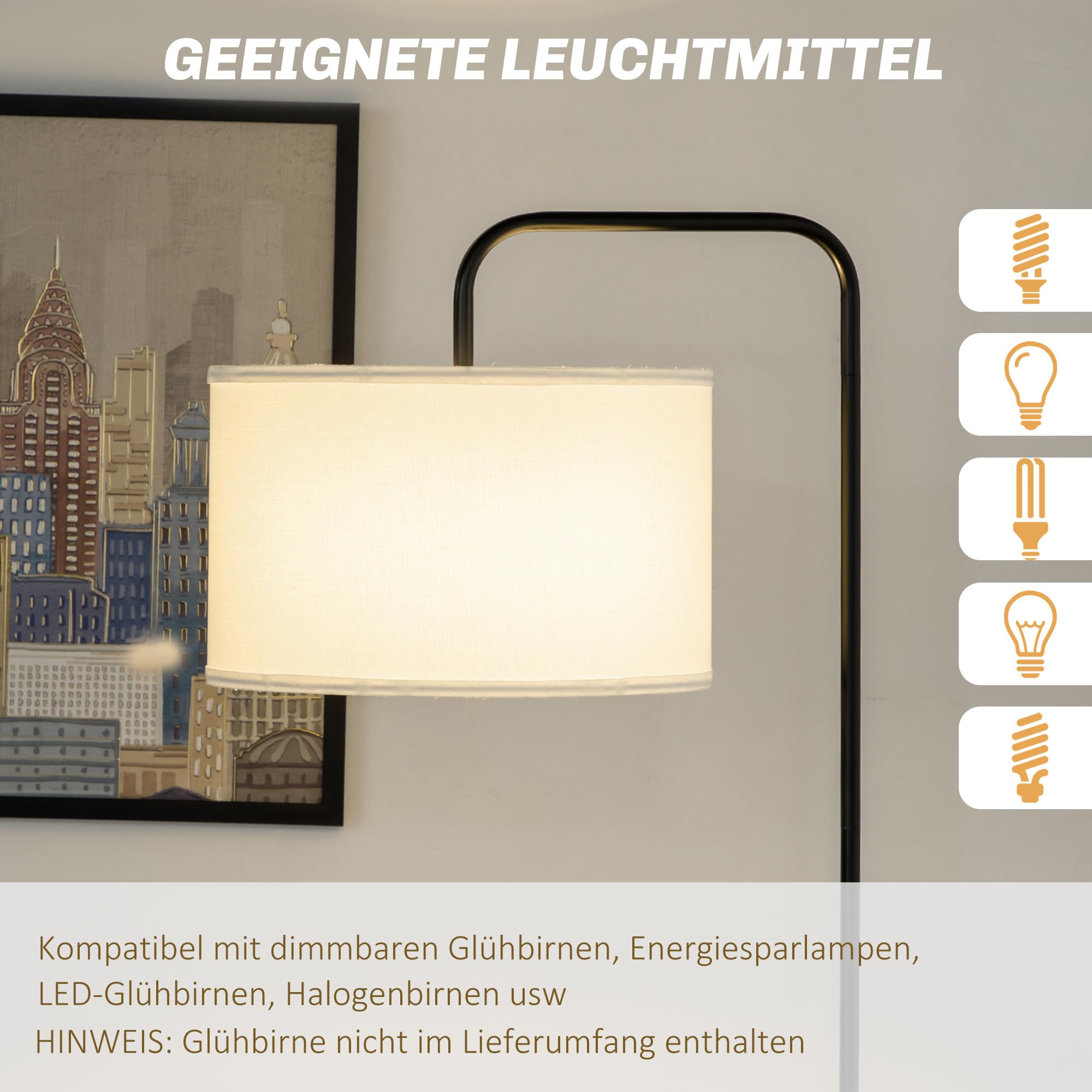 HOMCOM Lampada da Terra Arcuata con Interruttore a Pedale e Paralume in Tessuto Effetto Lino, Piantana Lampada da Terra in Acciaio, 64x38x163.5 cm, Bianca e Nera