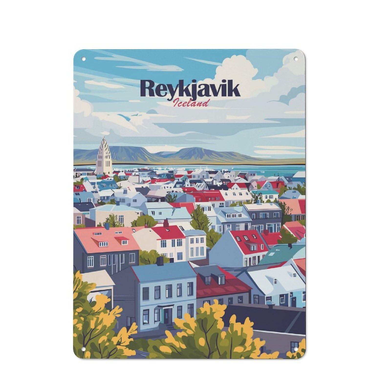 Reykjavik Cityscape Industrial-style Tin Sign 40x30cm for Living Room Wall, for Metal Sign Collectors, for Garage And Workshop Walls