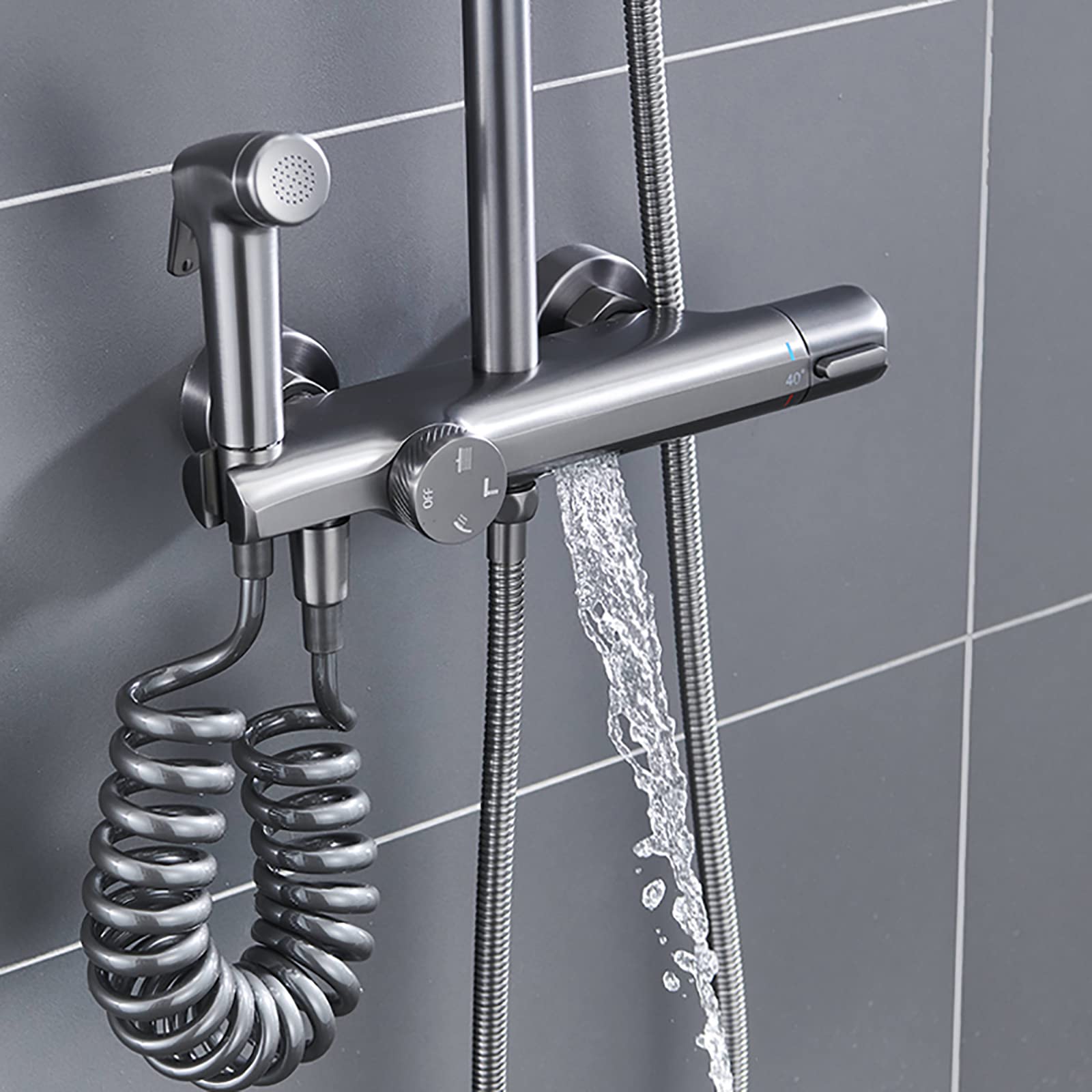 Sistema Doccia a Pioggia con soffione da 10 Pollici, Set Rubinetto termostatico a Parete, Cascata in Ottone, beccuccio per Vasca, doccetta a 3 modalità, Bidet S, Cromato (Grigio)