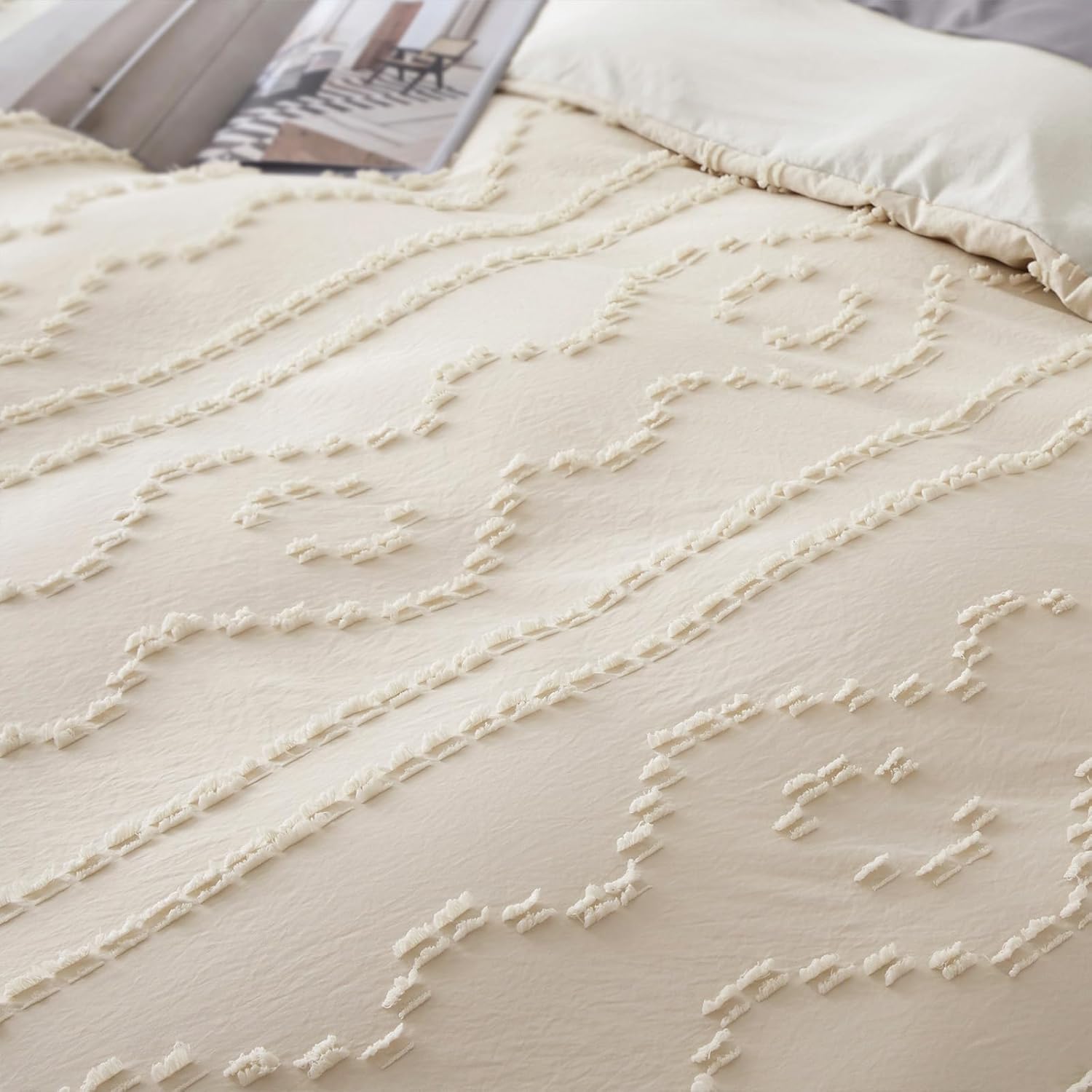Duvet Cover King Size, 3PCS Beige Boho Duvet Cover Set, Geometric Pattern Tufted Bohemian Comforter Cover Jacquard Knit Textured Bedding Set with Zipper Closure