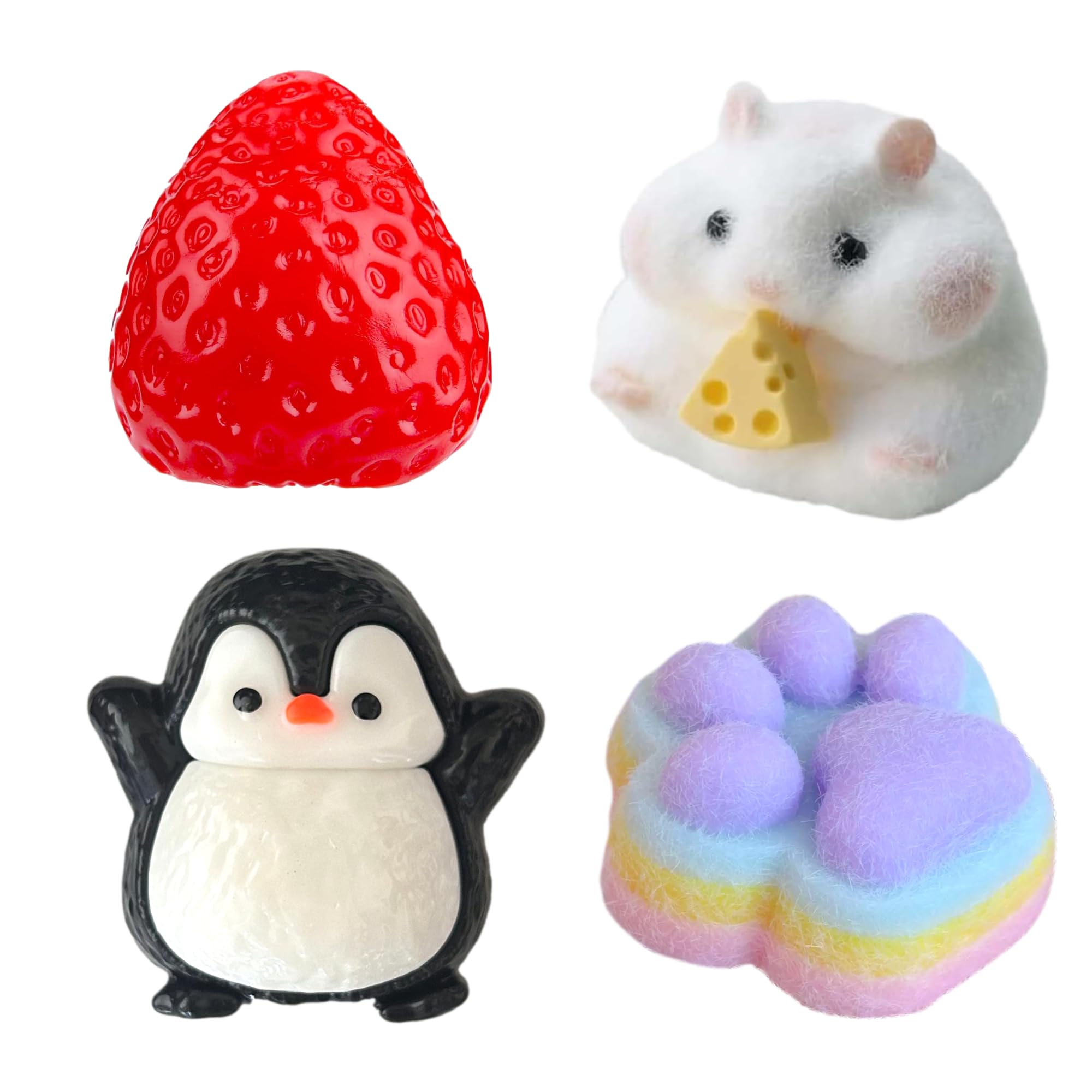 Taba Squishy Kit 4PCS - Strawberry, Hamster, Penguin & Rainbow Paw, Small