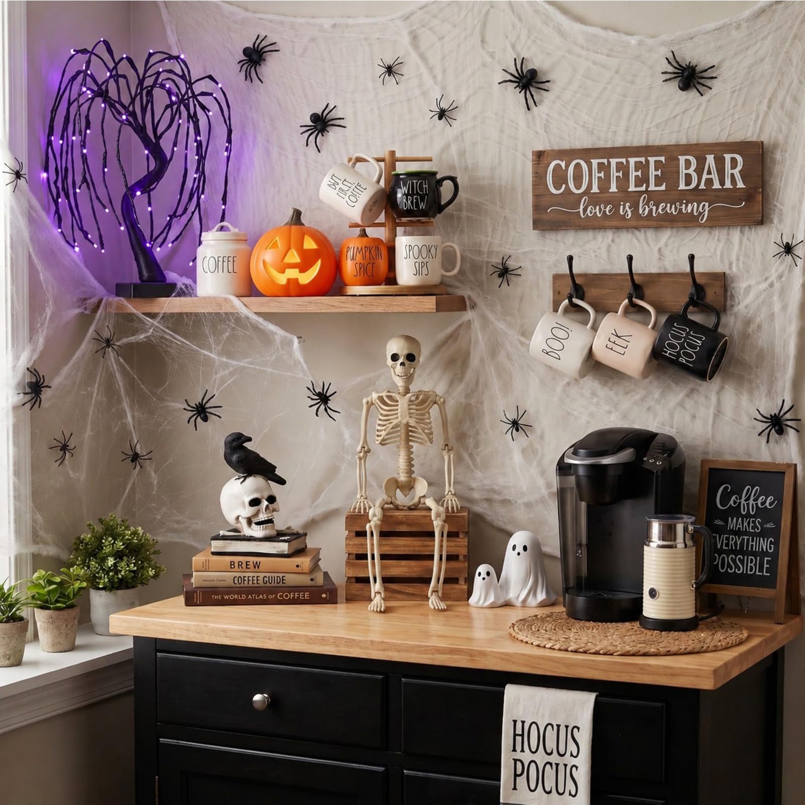 Woanger Juego de 34 decoraciones de Halloween de 20 pulgadas, luz LED púrpura de sauce, esqueleto, cuervo, calavera, estatua, fantasma, figuras de calabaza, telaraña con arañas para Halloween