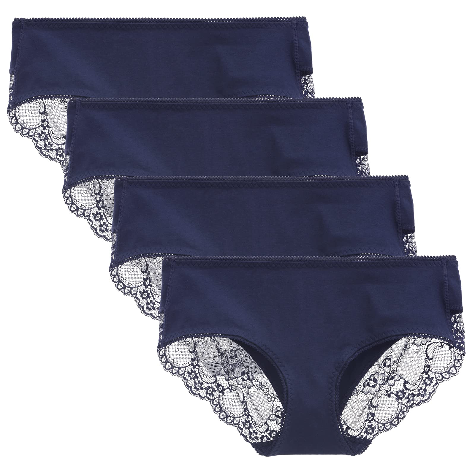Women's 4 Pack Cotton Mid Rise Full Coverage Lace Hipster Brief Panty Underwear Large Navy Blue