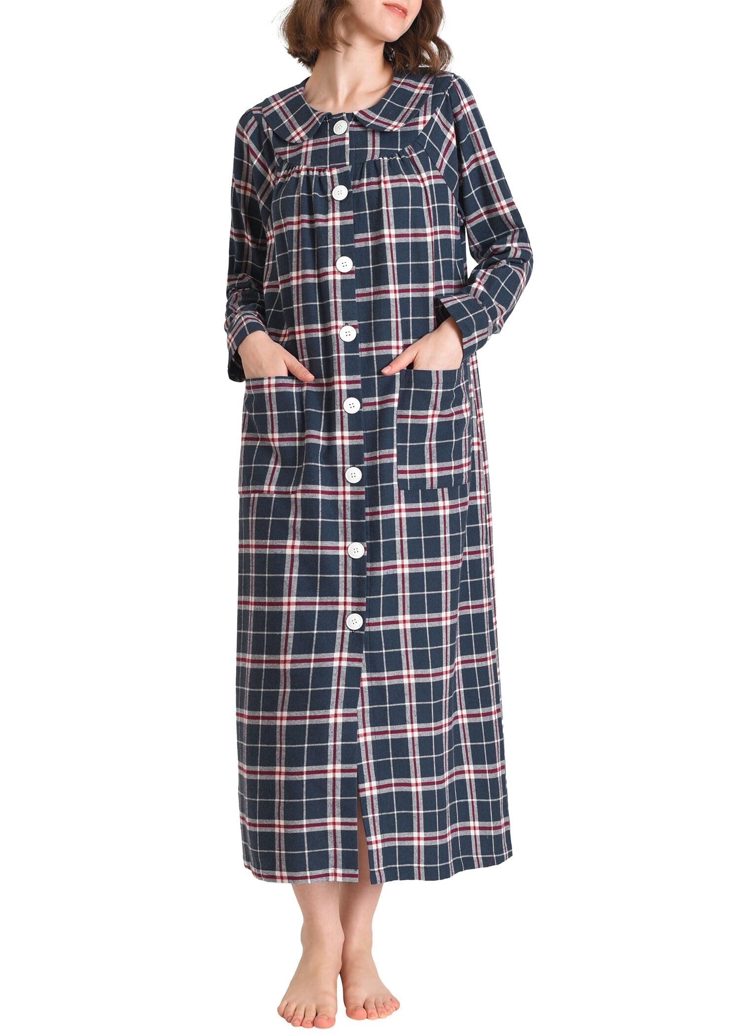 Latuza Women's Cotton Flannel Button Up Robe Long Sleeves Housecoat