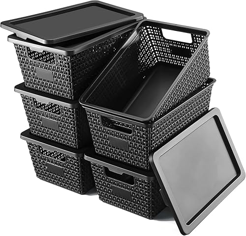 Cestas de almacenamiento de plástico con tapas, apilables con tapas para despensa, armario, dormitorio y estantes, caja de organización duradera