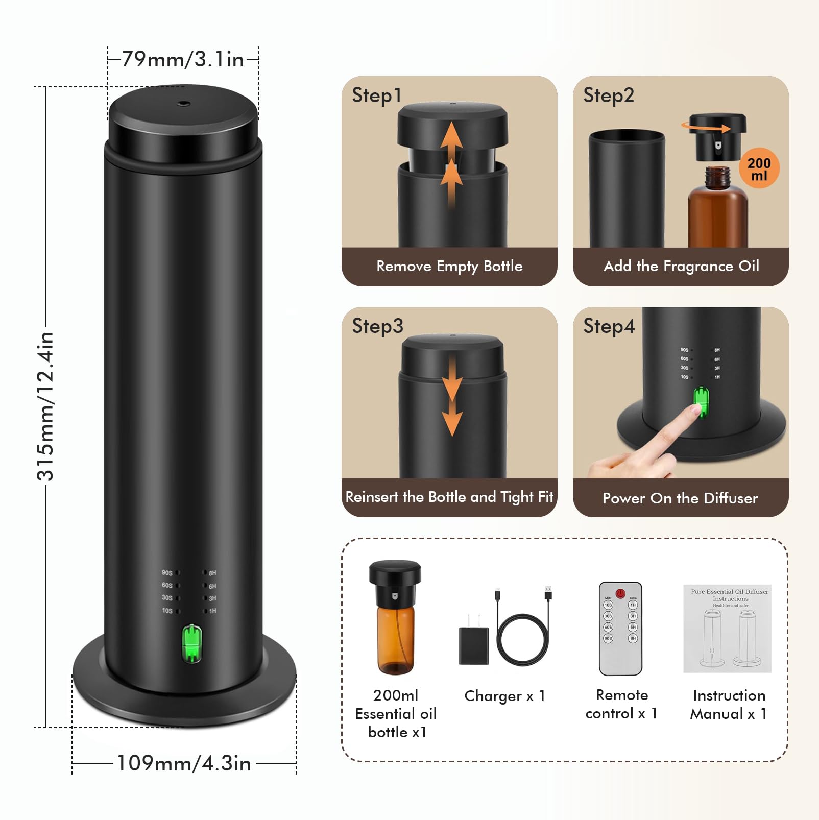 Difusor Aceites Esenciales sin Agua Mini Portátil USB 200 ml | Perfume Aire Aromaterapia, Atomizador, Cargado USB, 3 Nivel de Niebla, Para Habitación Hogar Oficina