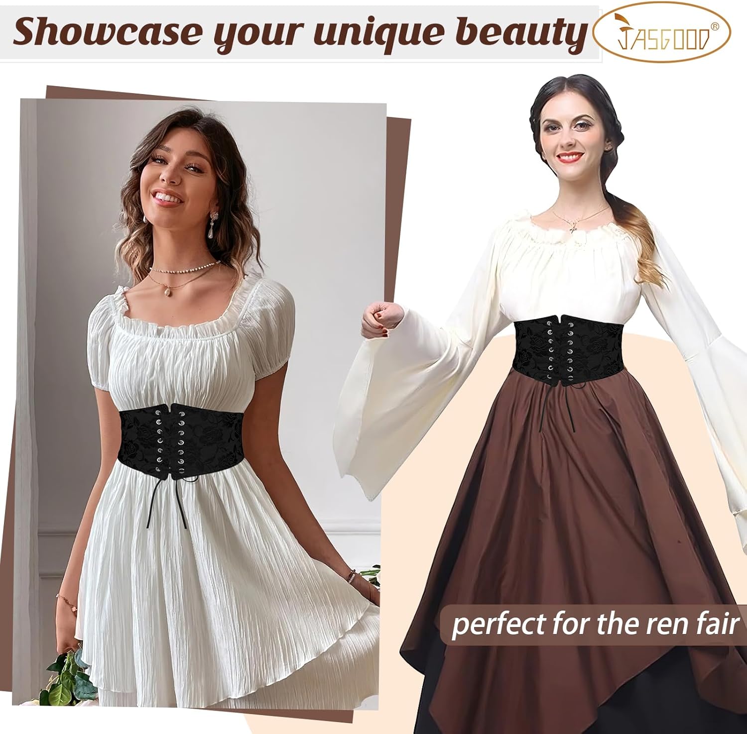 JASGOOD Wide Elastic Corset Belt for Women Vintage Lace-up Tied Waspie Waist Belt for Dress - Image 4