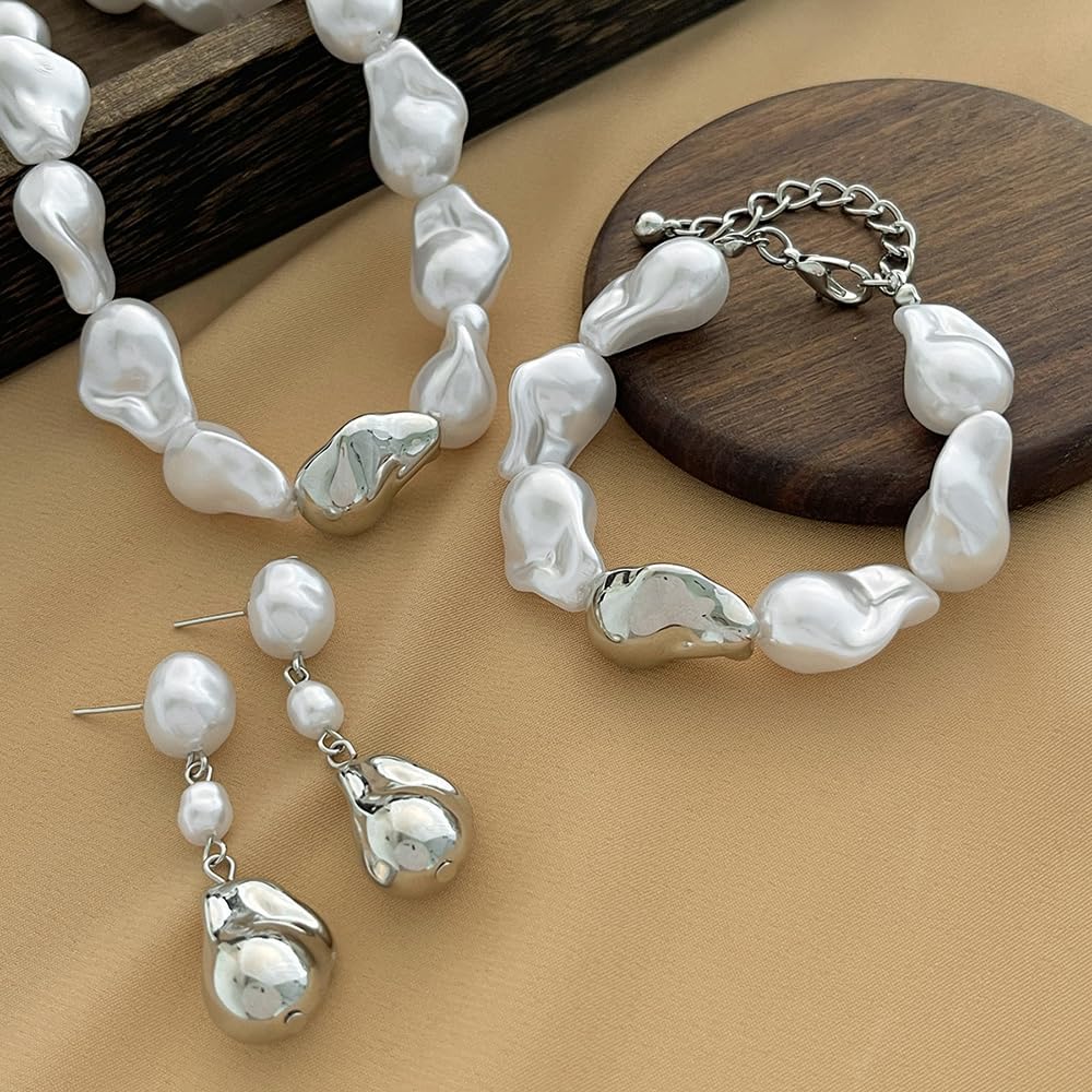 Baroque Pearl Jewelry Set for Women Chunky Pearl Choker Necklaces Earrings bracelets Set Statement Wedding Jewelry for Bride Bridesmaid - Image 4